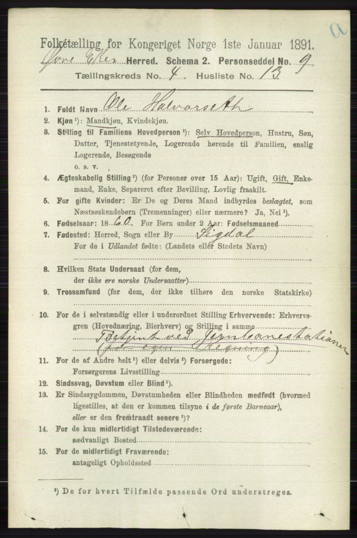 RA, 1891 census for 0624 Øvre Eiker, 1891, p. 1603