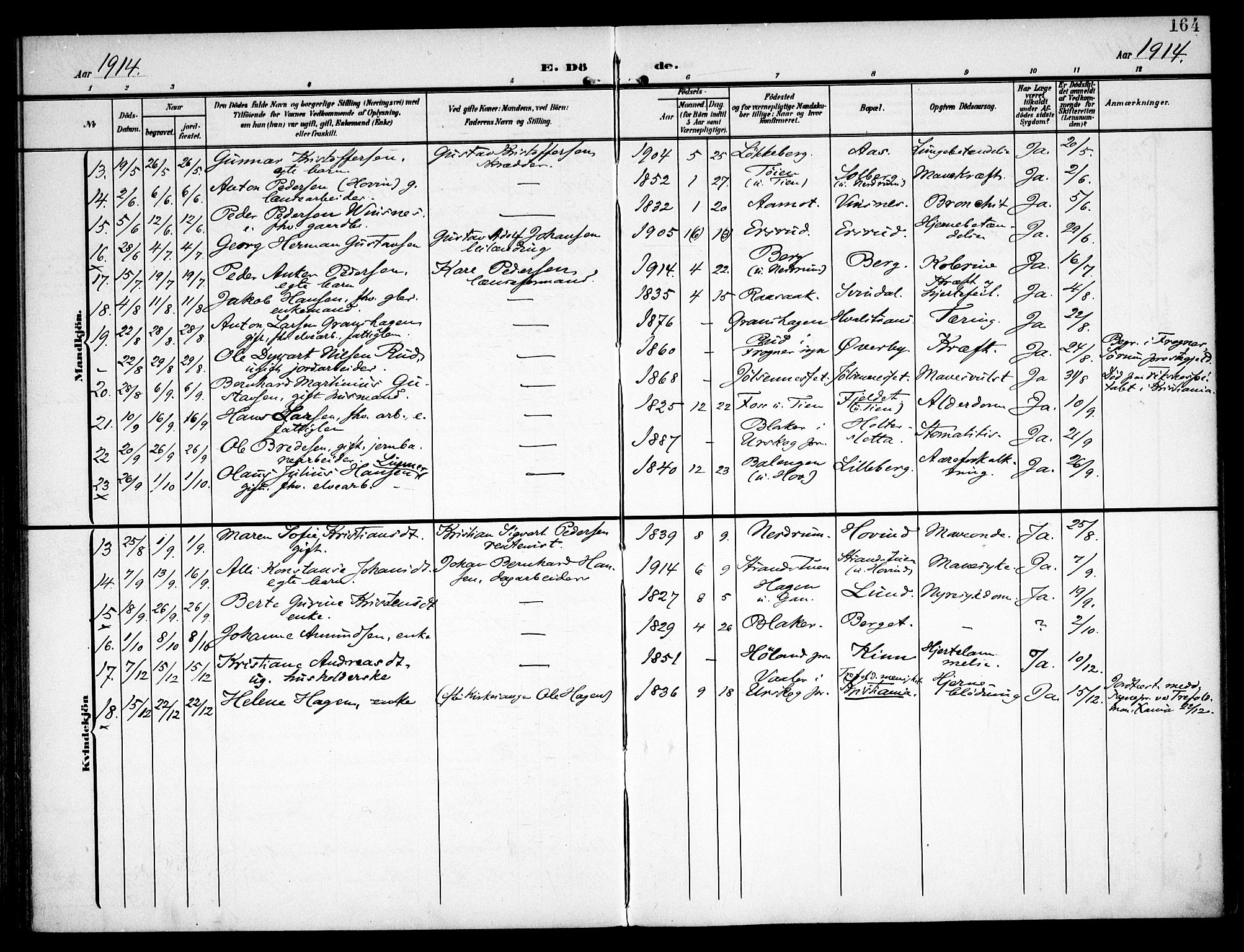 Fet prestekontor Kirkebøker, SAO/A-10370a/F/Fa/L0016: Parish register (official) no. I 16, 1905-1914, p. 164