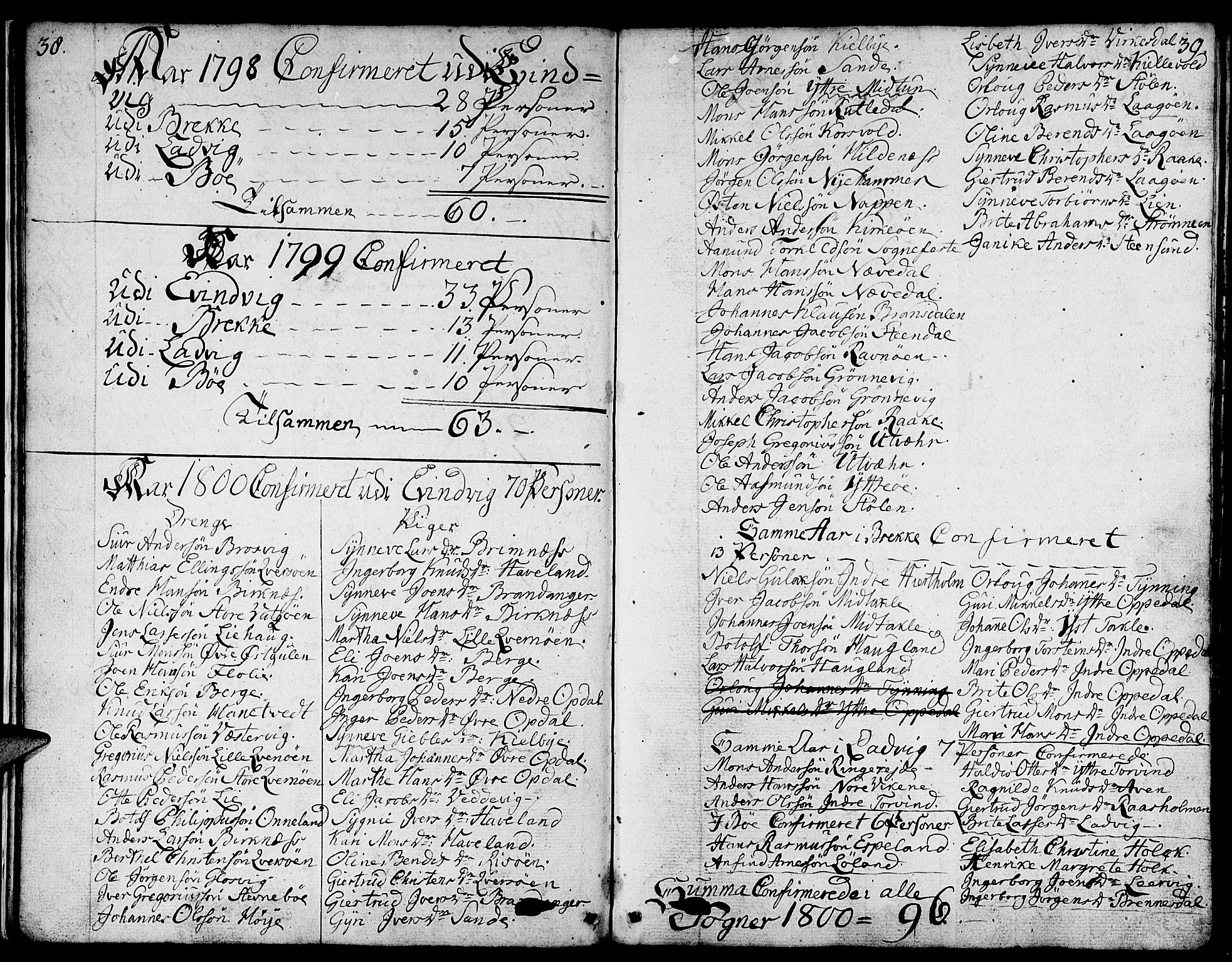 Gulen sokneprestembete, AV/SAB-A-80201/H/Haa/Haaa/L0016: Parish register (official) no. A 16, 1798-1808, p. 38-39