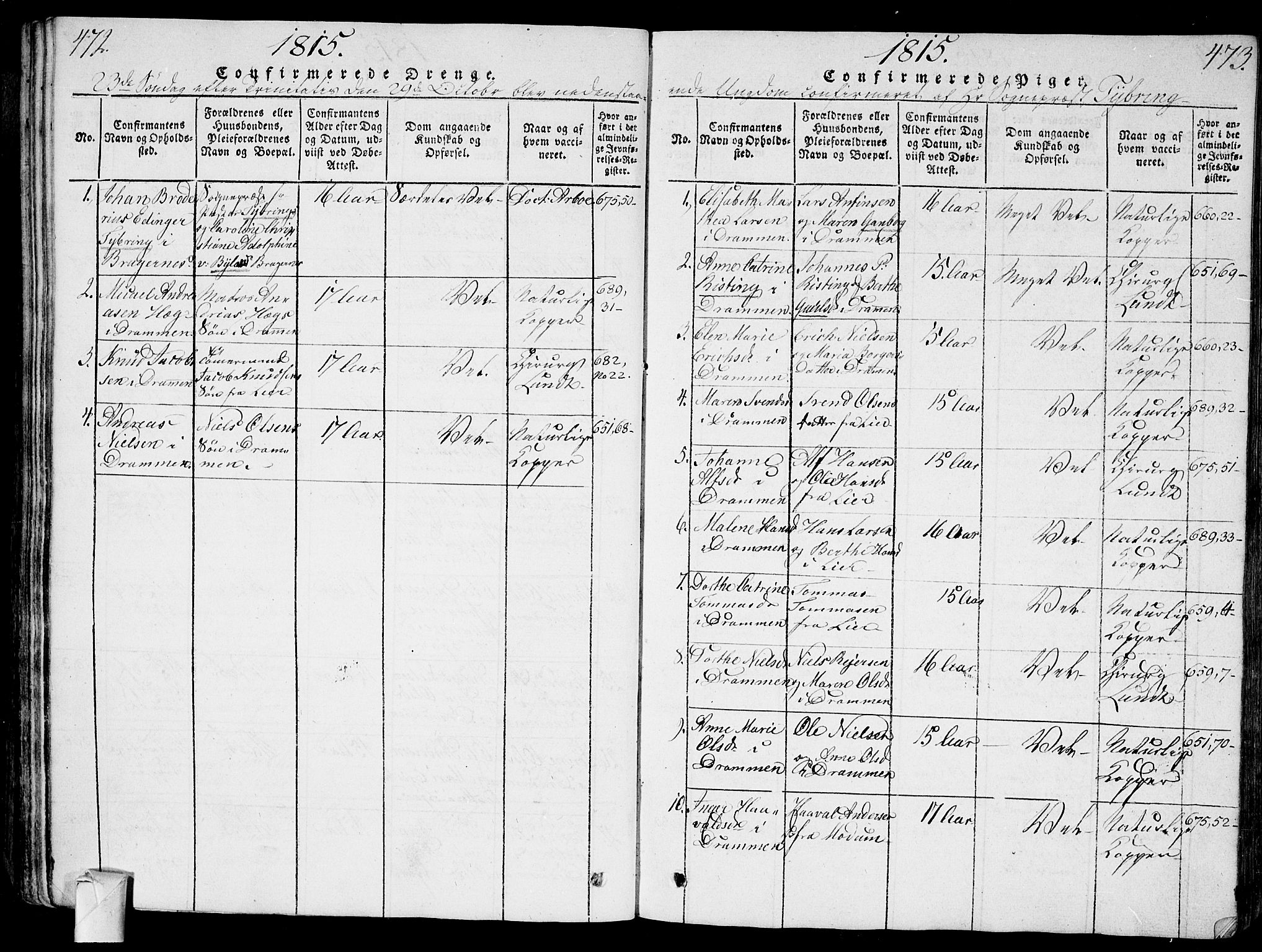 Bragernes kirkebøker, AV/SAKO-A-6/G/Ga/L0001: Parish register (copy) no. 1, 1815-1829, p. 472-473