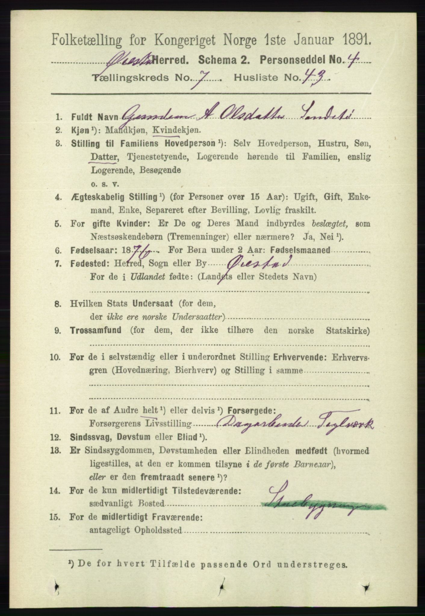 RA, 1891 census for 0920 Øyestad, 1891, p. 2901