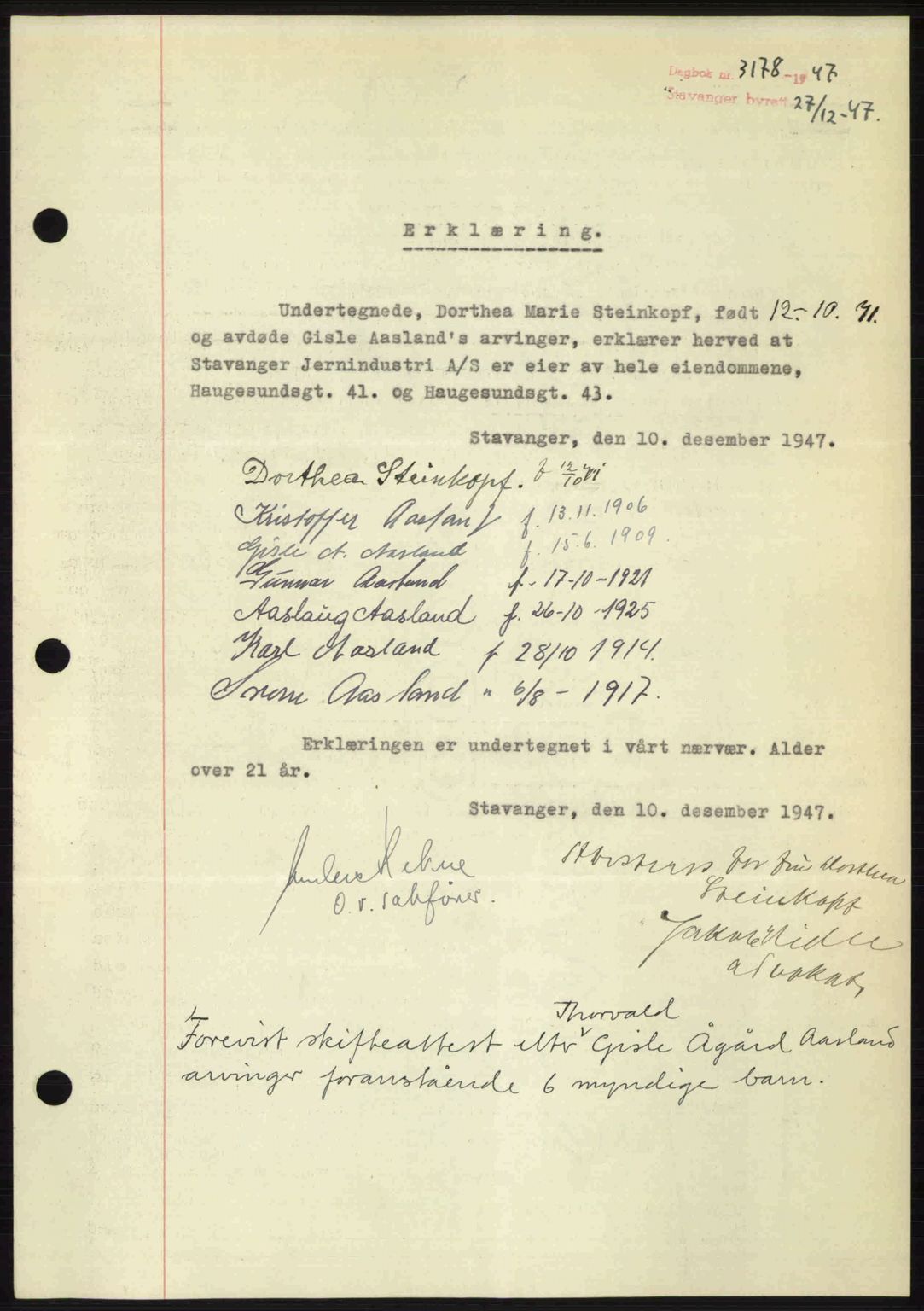 Stavanger byrett, SAST/A-100455/002/G/Gb/L0022: Mortgage book no. A11, 1947-1948, Diary no: : 3178/1947