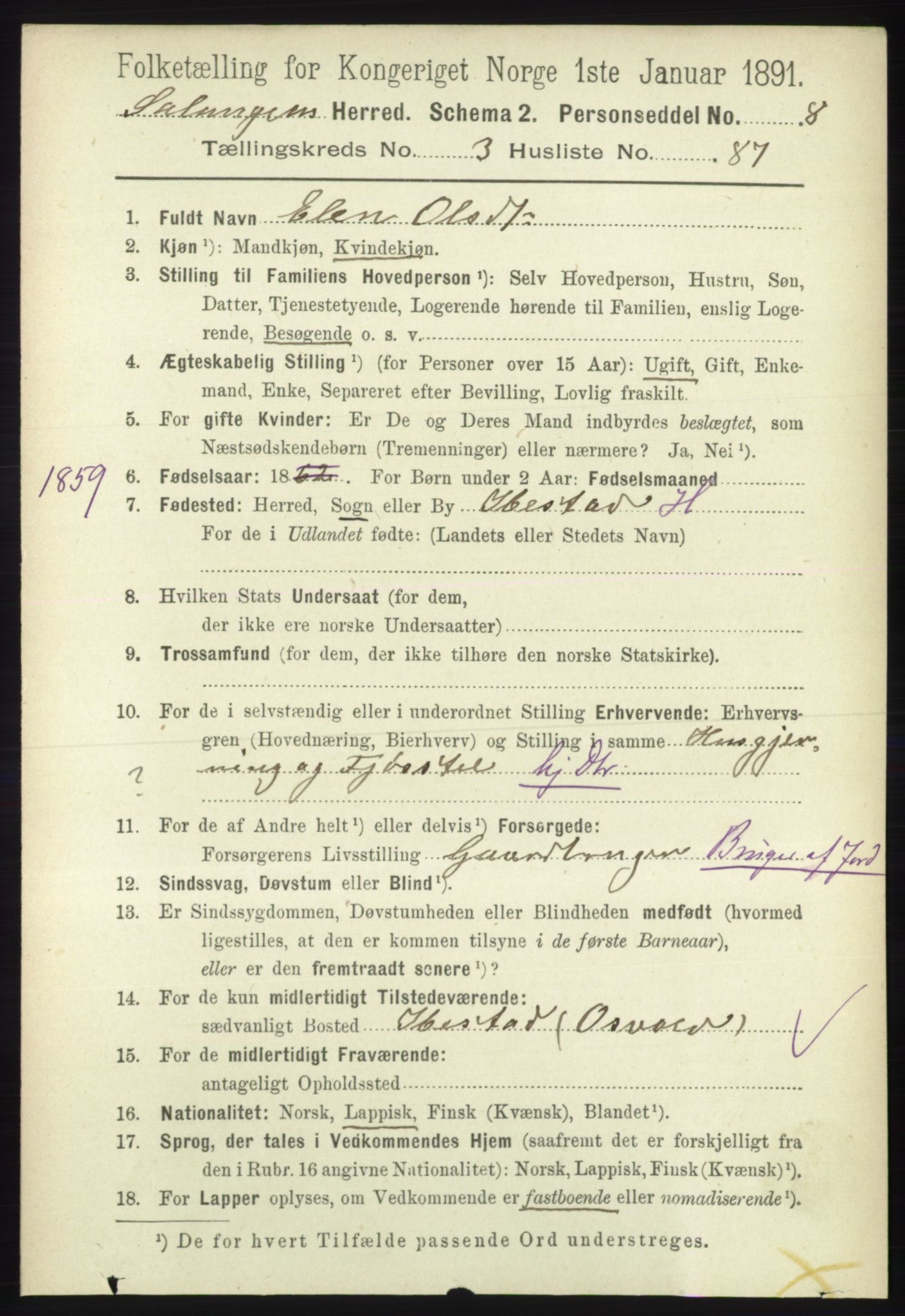 RA, 1891 census for 1921 Salangen, 1891, p. 1727