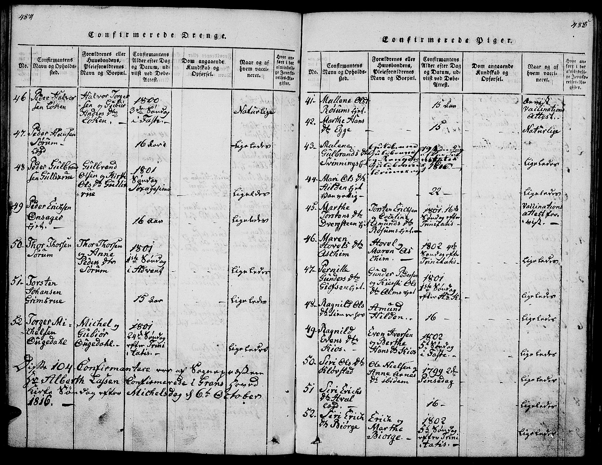 Gran prestekontor, SAH/PREST-112/H/Ha/Hab/L0001: Parish register (copy) no. 1, 1815-1824, p. 484-485