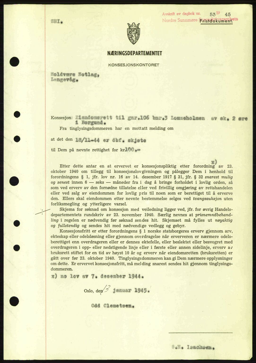 Nordre Sunnmøre sorenskriveri, SAT/A-0006/1/2/2C/2Ca: Mortgage book no. B6-14 a, 1942-1945, Diary no: : 53/1945