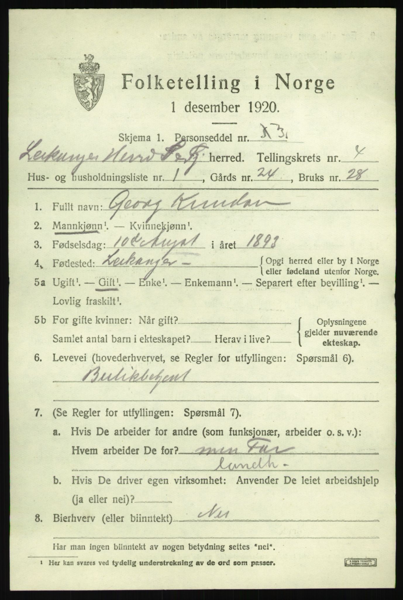 SAB, 1920 census for Leikanger, 1920, p. 2842