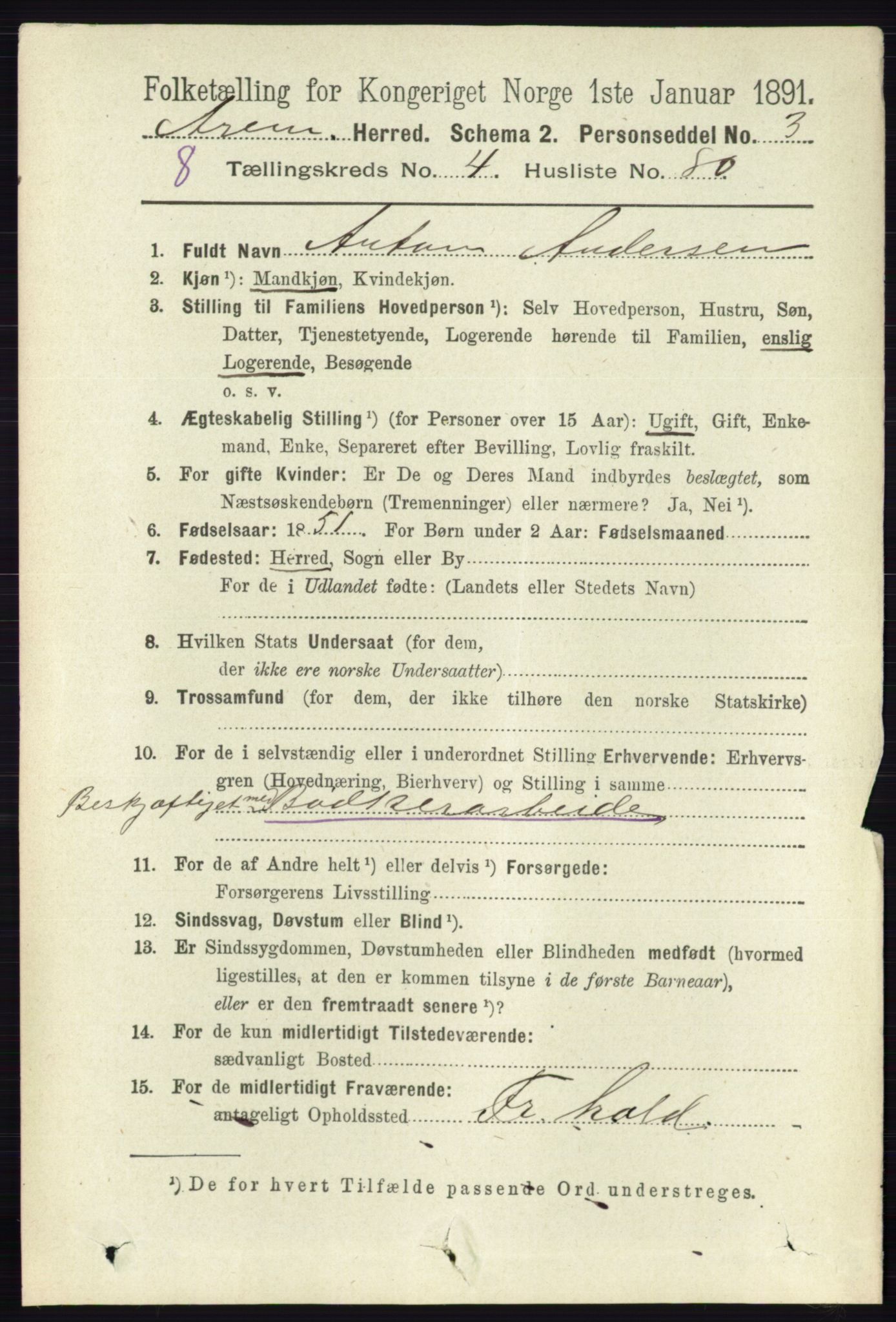 RA, 1891 census for 0118 Aremark, 1891, p. 2382