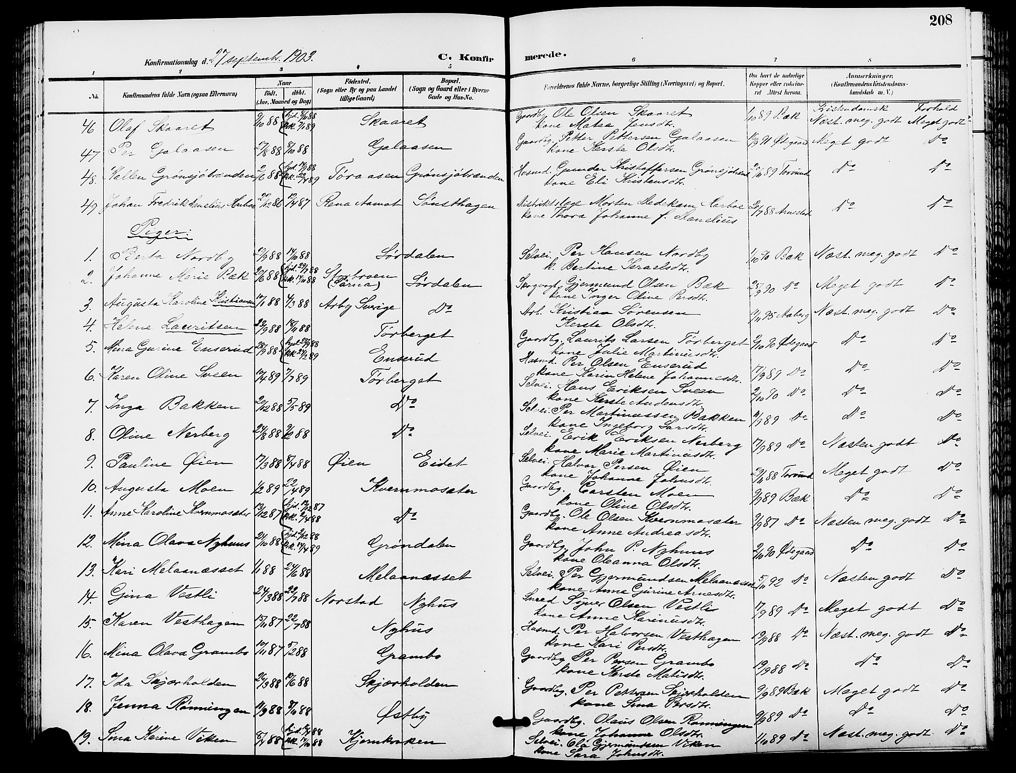 Trysil prestekontor, AV/SAH-PREST-046/H/Ha/Hab/L0006: Parish register (copy) no. 6, 1896-1912, p. 208