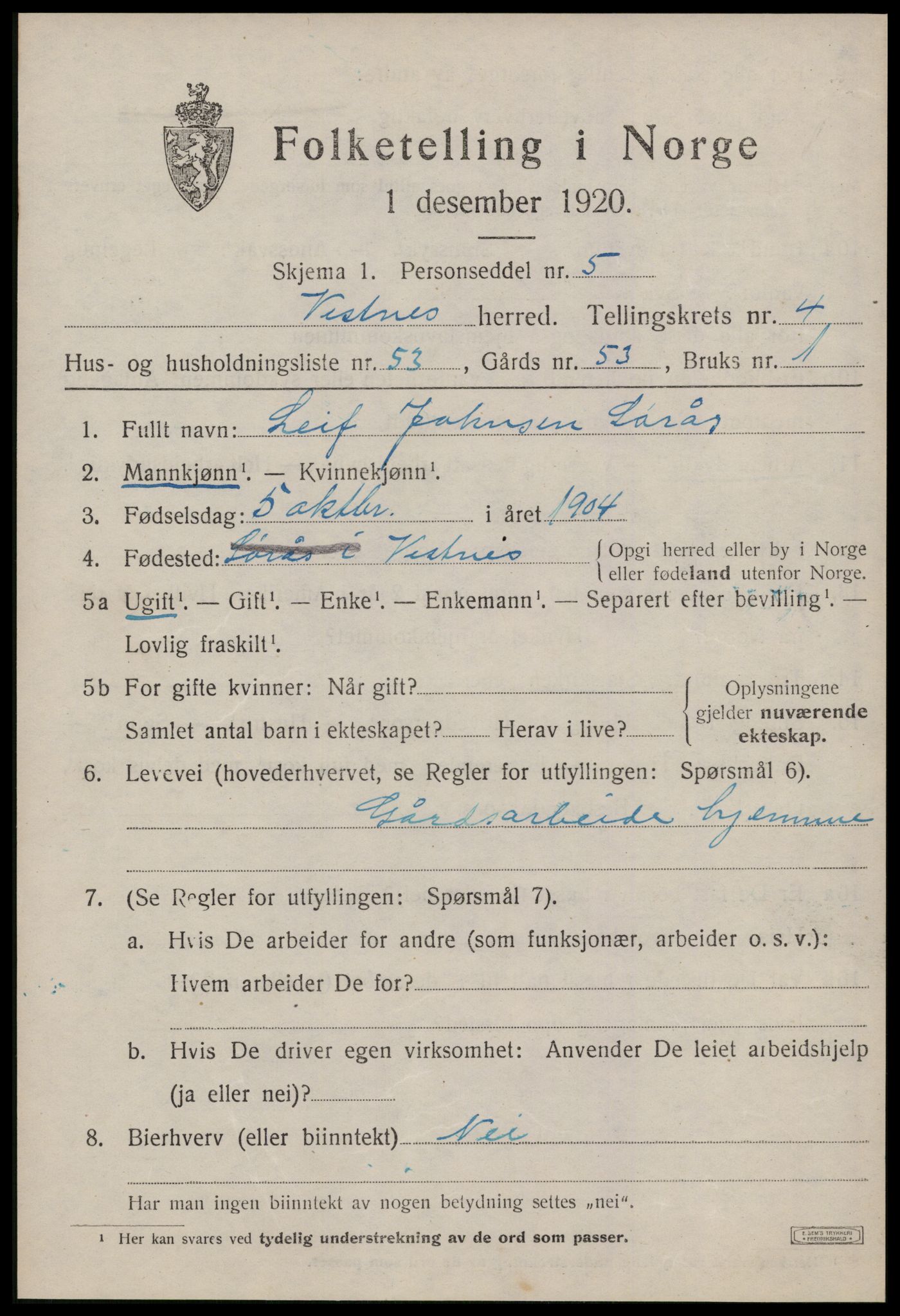 SAT, 1920 census for Vestnes, 1920, p. 3885