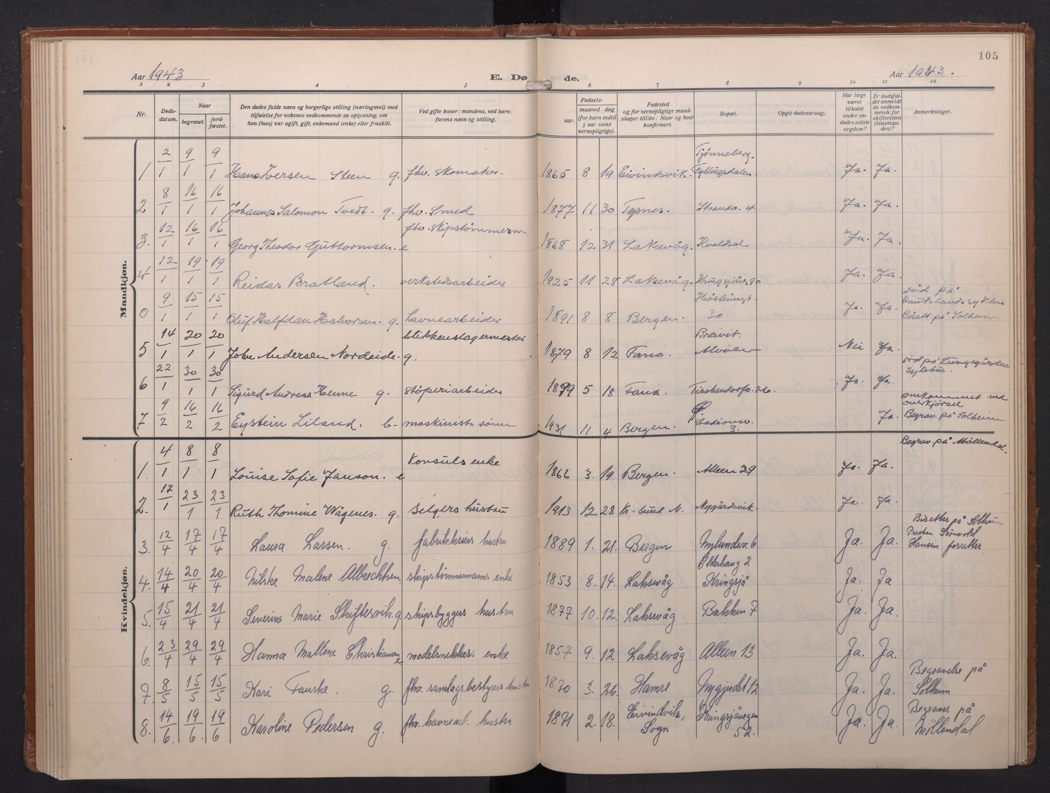 Laksevåg Sokneprestembete, SAB/A-76501/H/Ha/Haa/Haae/L0001: Parish register (official) no. E 1, 1924-1950, p. 105