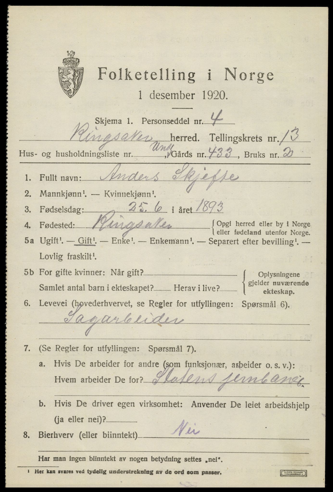 SAH, 1920 census for Ringsaker, 1920, p. 20934