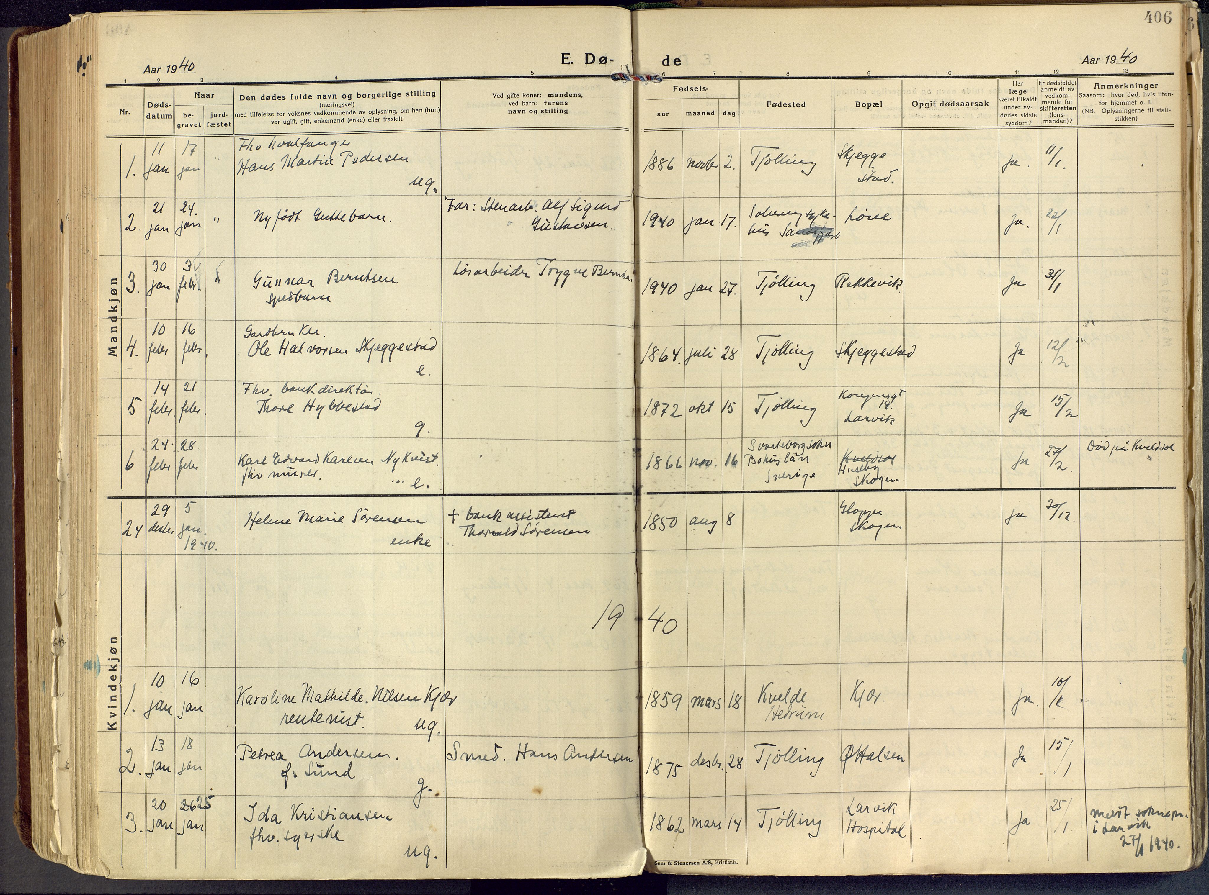 Tjølling kirkebøker, AV/SAKO-A-60/F/Fa/L0011: Parish register (official) no. 11, 1924-1943, p. 406