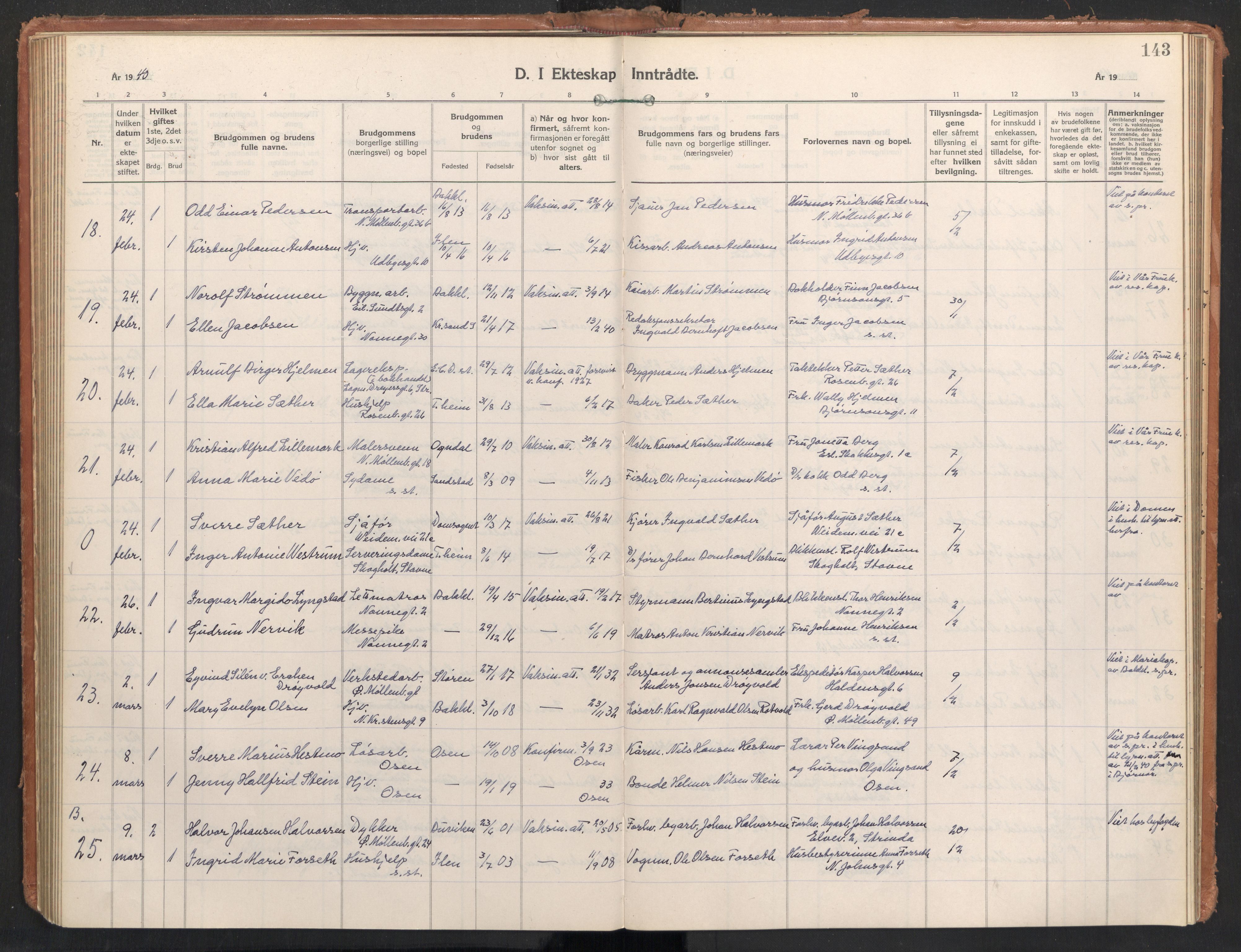 Ministerialprotokoller, klokkerbøker og fødselsregistre - Sør-Trøndelag, AV/SAT-A-1456/604/L0209: Parish register (official) no. 604A29, 1931-1945, p. 143