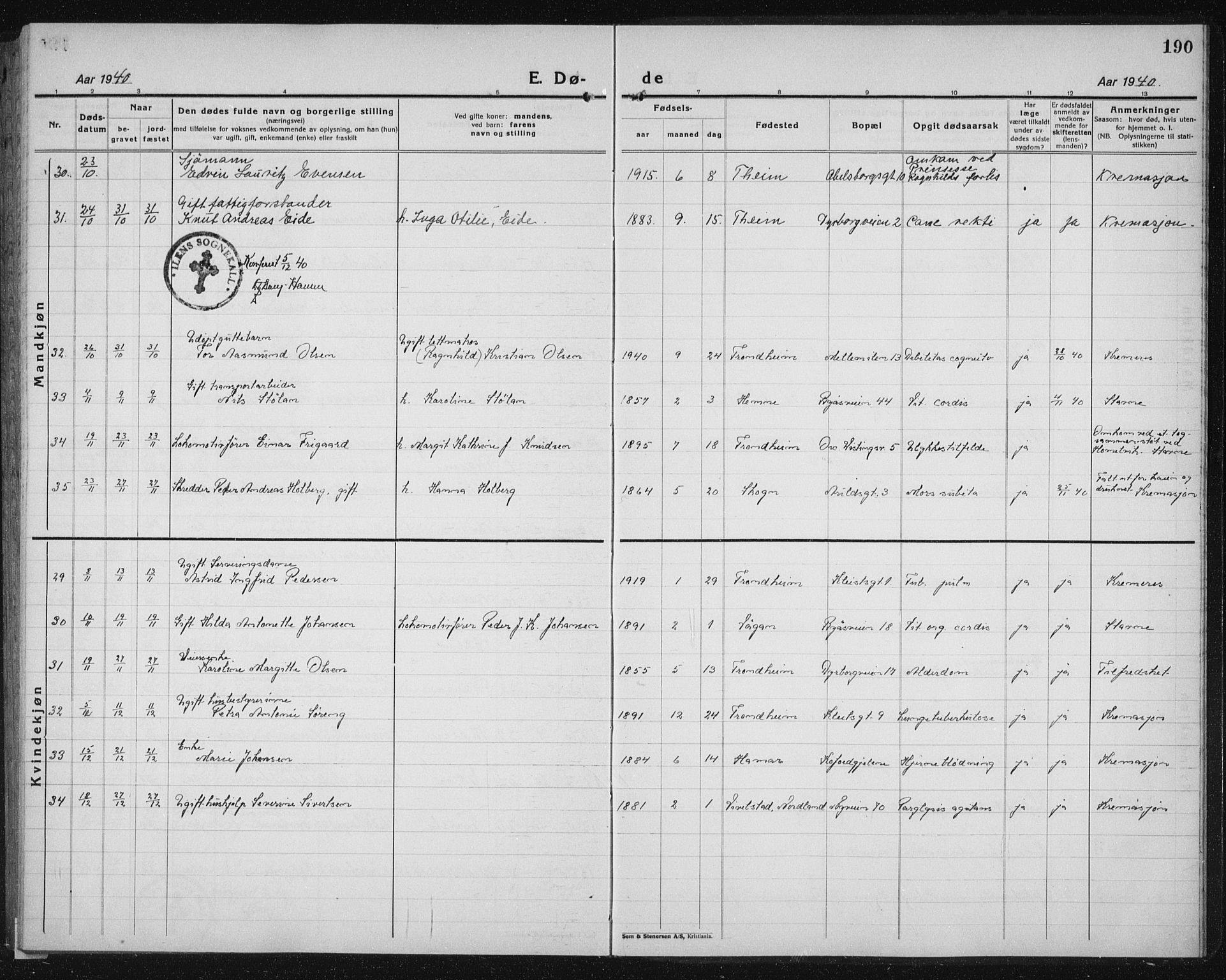 Ministerialprotokoller, klokkerbøker og fødselsregistre - Sør-Trøndelag, SAT/A-1456/603/L0176: Parish register (copy) no. 603C04, 1923-1941, p. 190
