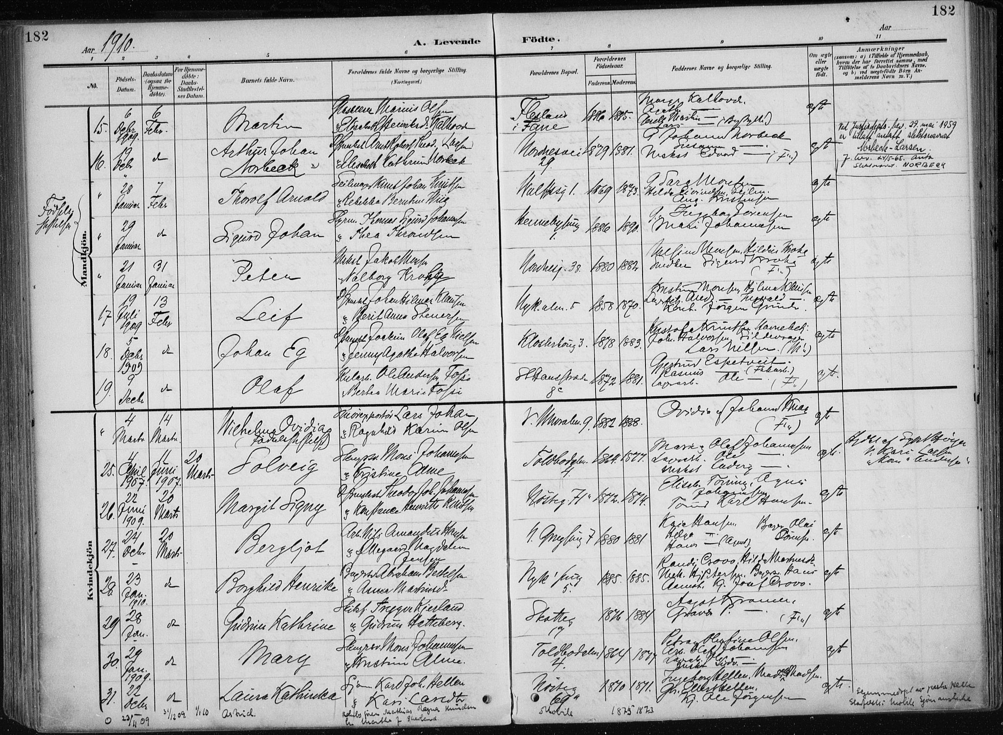 Nykirken Sokneprestembete, AV/SAB-A-77101/H/Haa/L0019: Parish register (official) no. B 7, 1904-1916, p. 182