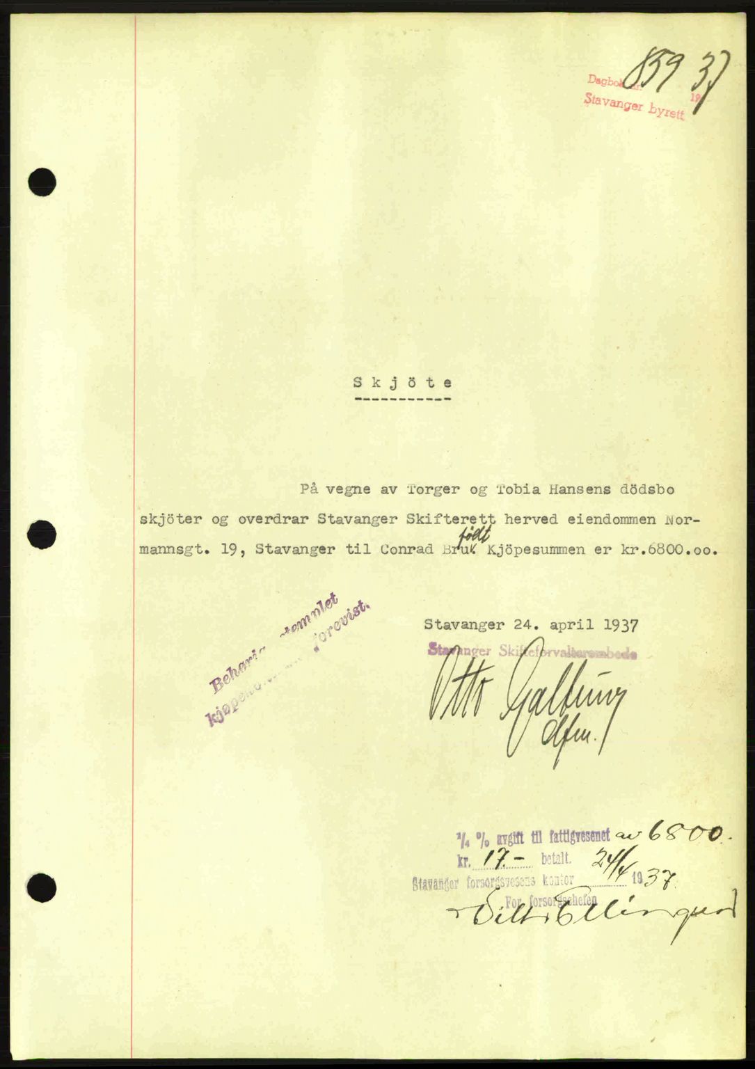 Stavanger byrett, SAST/A-100455/002/G/Gb/L0012: Mortgage book no. A2, 1936-1937, Diary no: : 859/1937