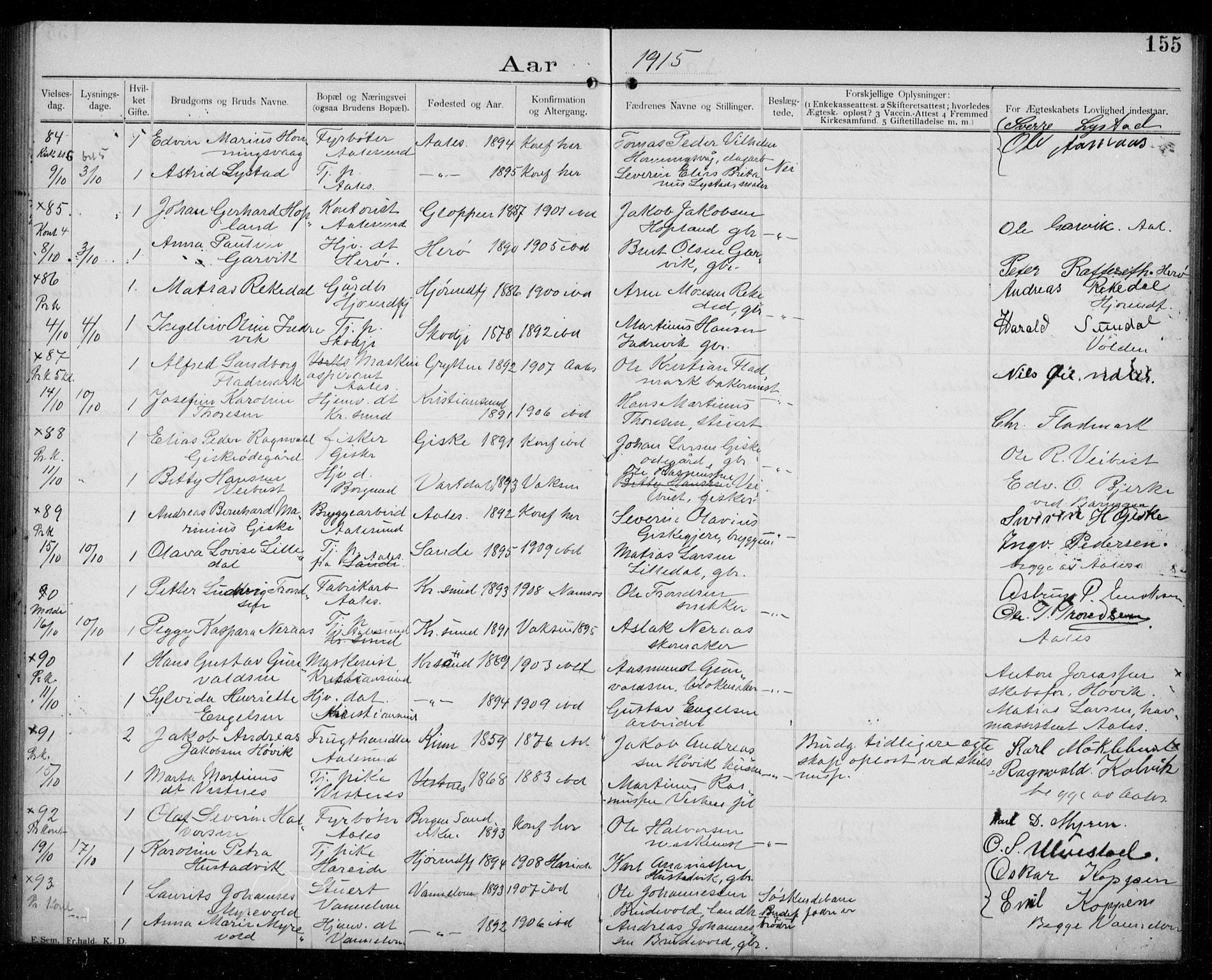 Ministerialprotokoller, klokkerbøker og fødselsregistre - Møre og Romsdal, AV/SAT-A-1454/529/L0458: Banns register no. 529A08, 1901-1918, p. 155