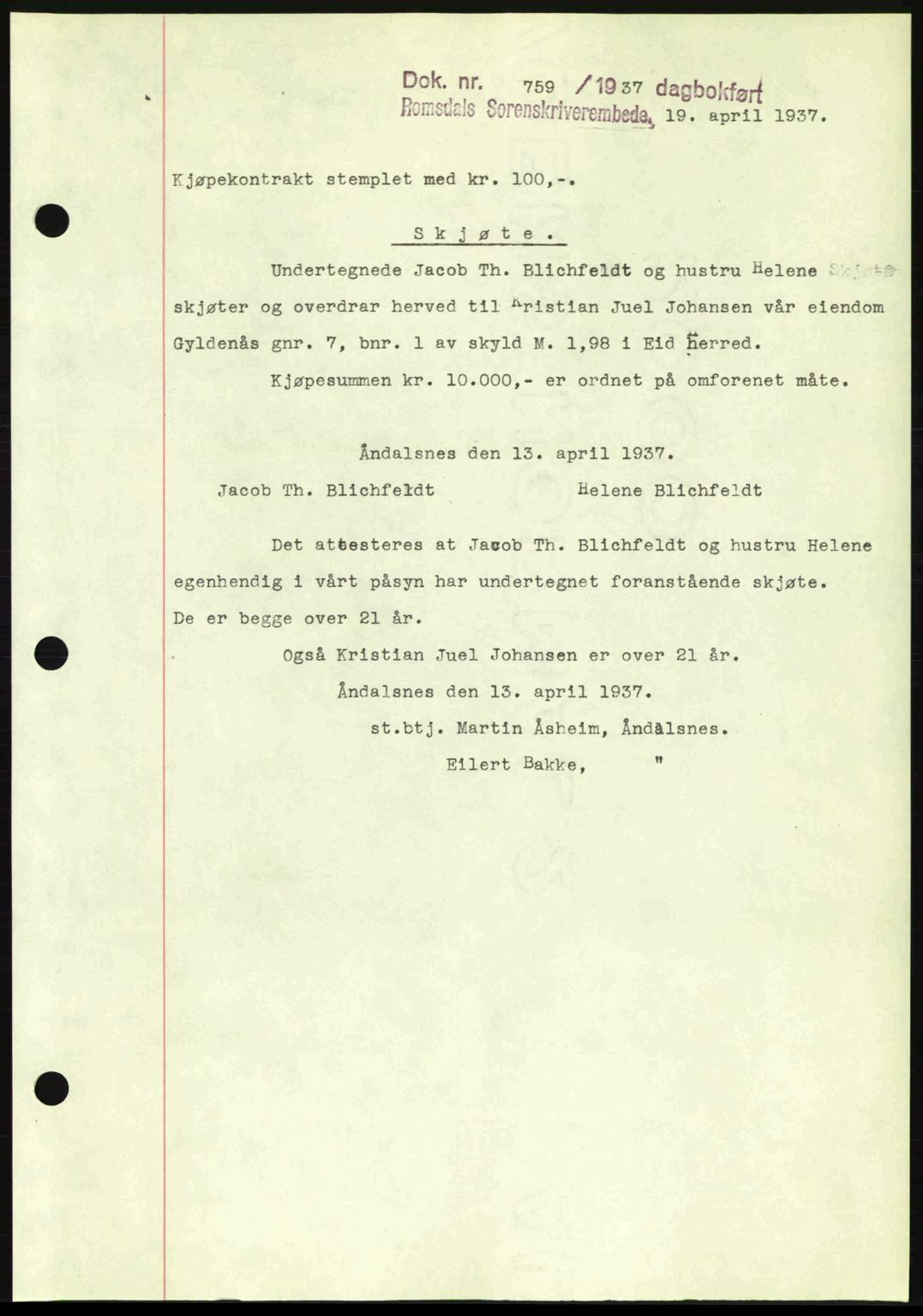 Romsdal sorenskriveri, SAT/A-4149/1/2/2C: Mortgage book no. A3, 1937-1937, Diary no: : 759/1937