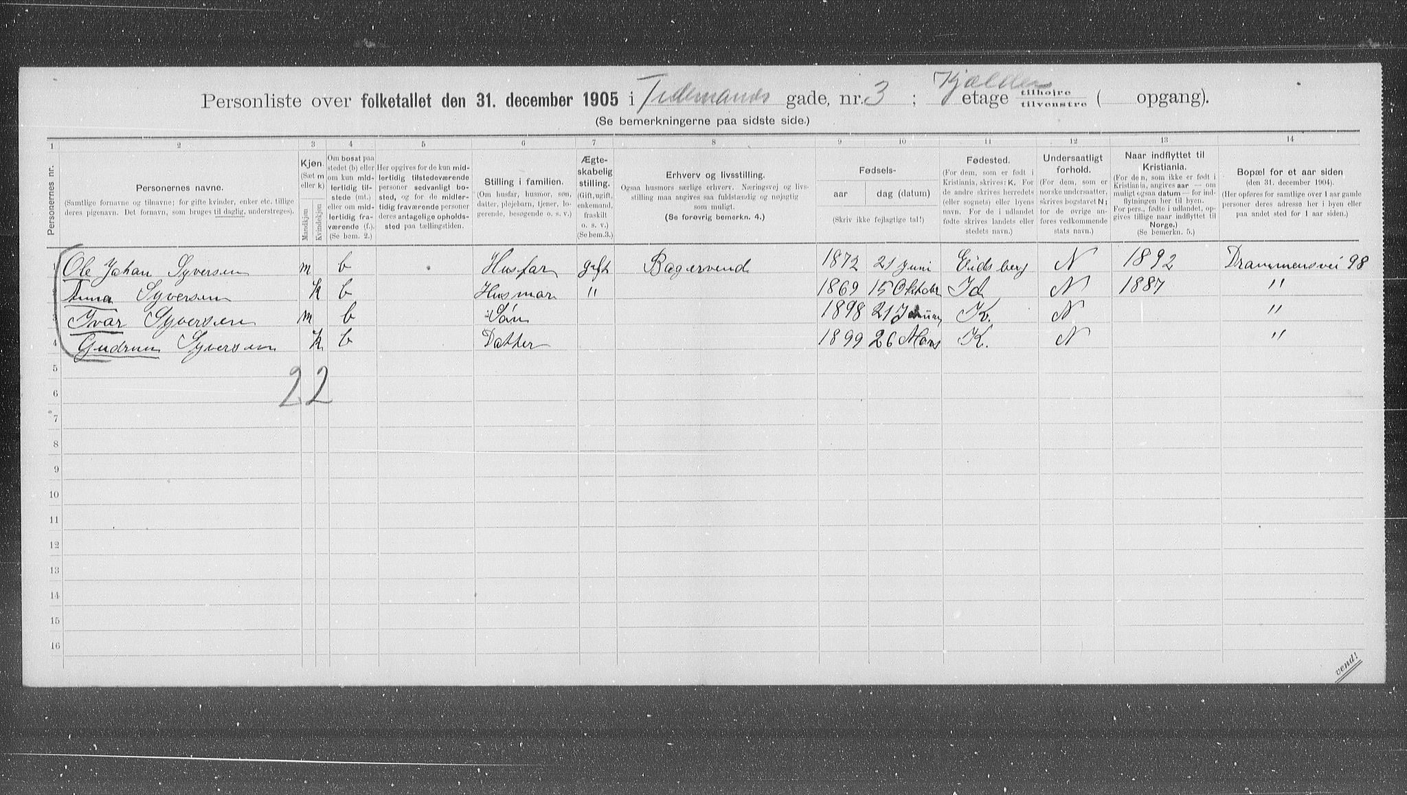 OBA, Municipal Census 1905 for Kristiania, 1905, p. 58333