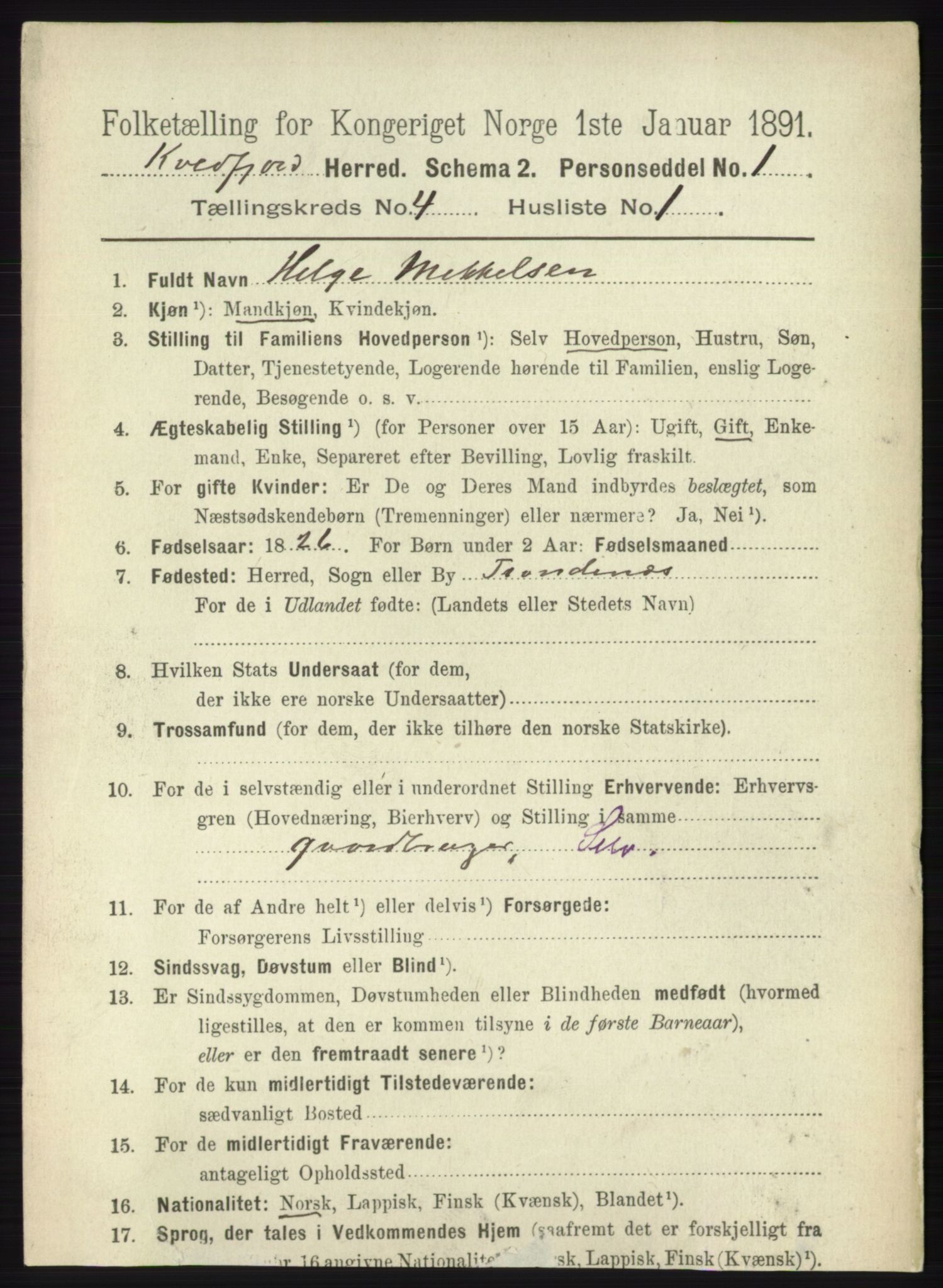 RA, 1891 census for 1911 Kvæfjord, 1891, p. 1891