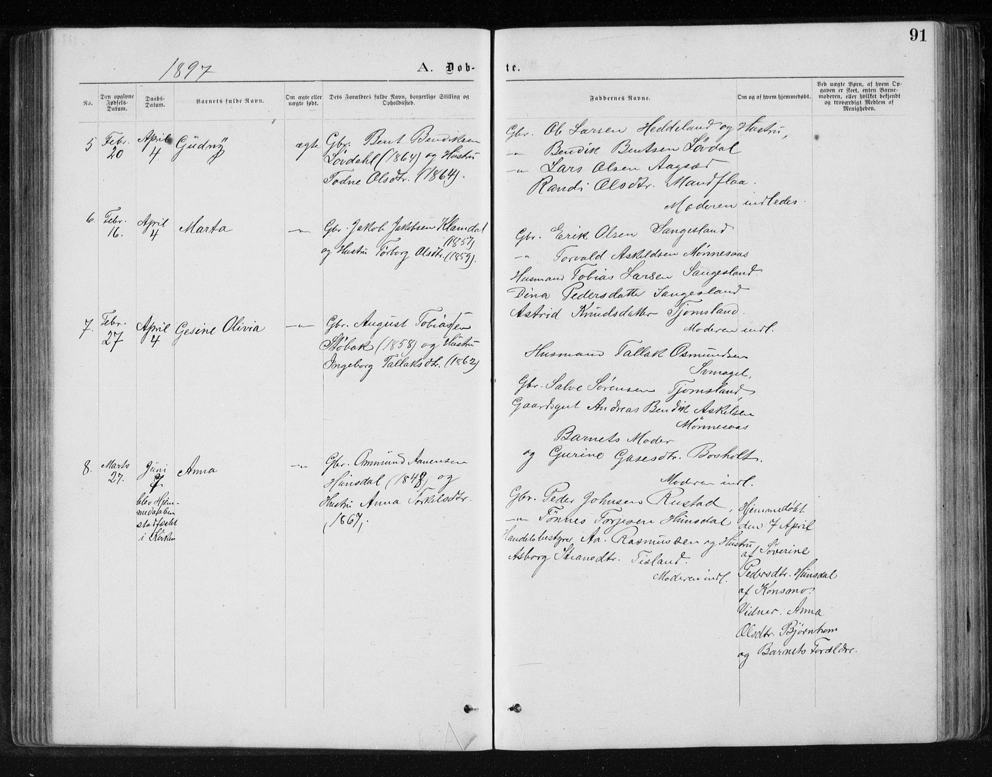Holum sokneprestkontor, SAK/1111-0022/F/Fb/Fbb/L0003: Parish register (copy) no. B 3, 1875-1898, p. 91