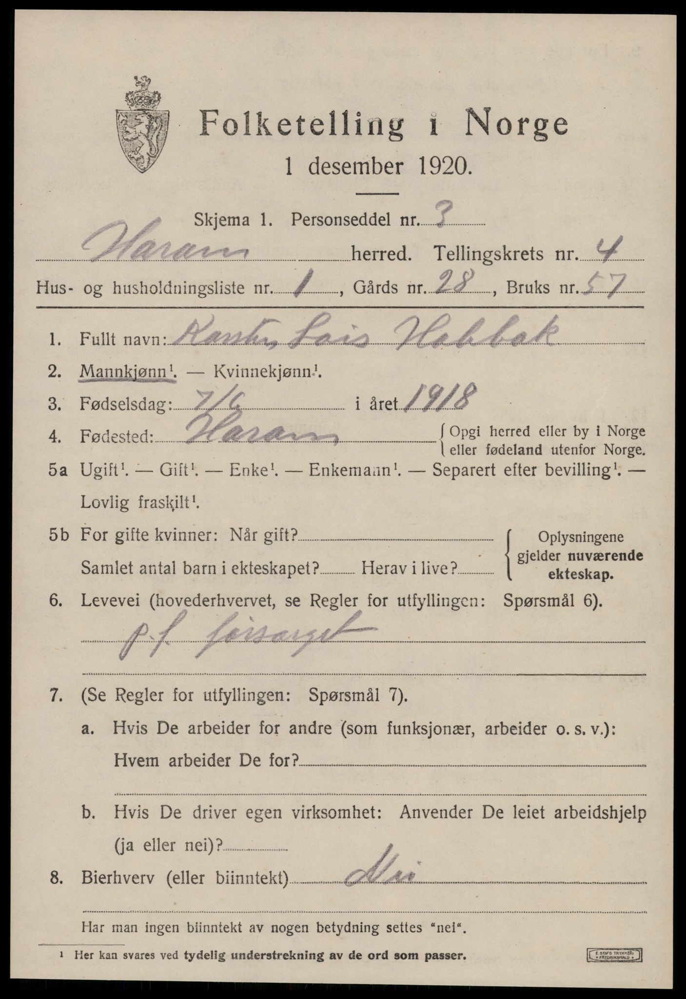 SAT, 1920 census for Haram, 1920, p. 2223