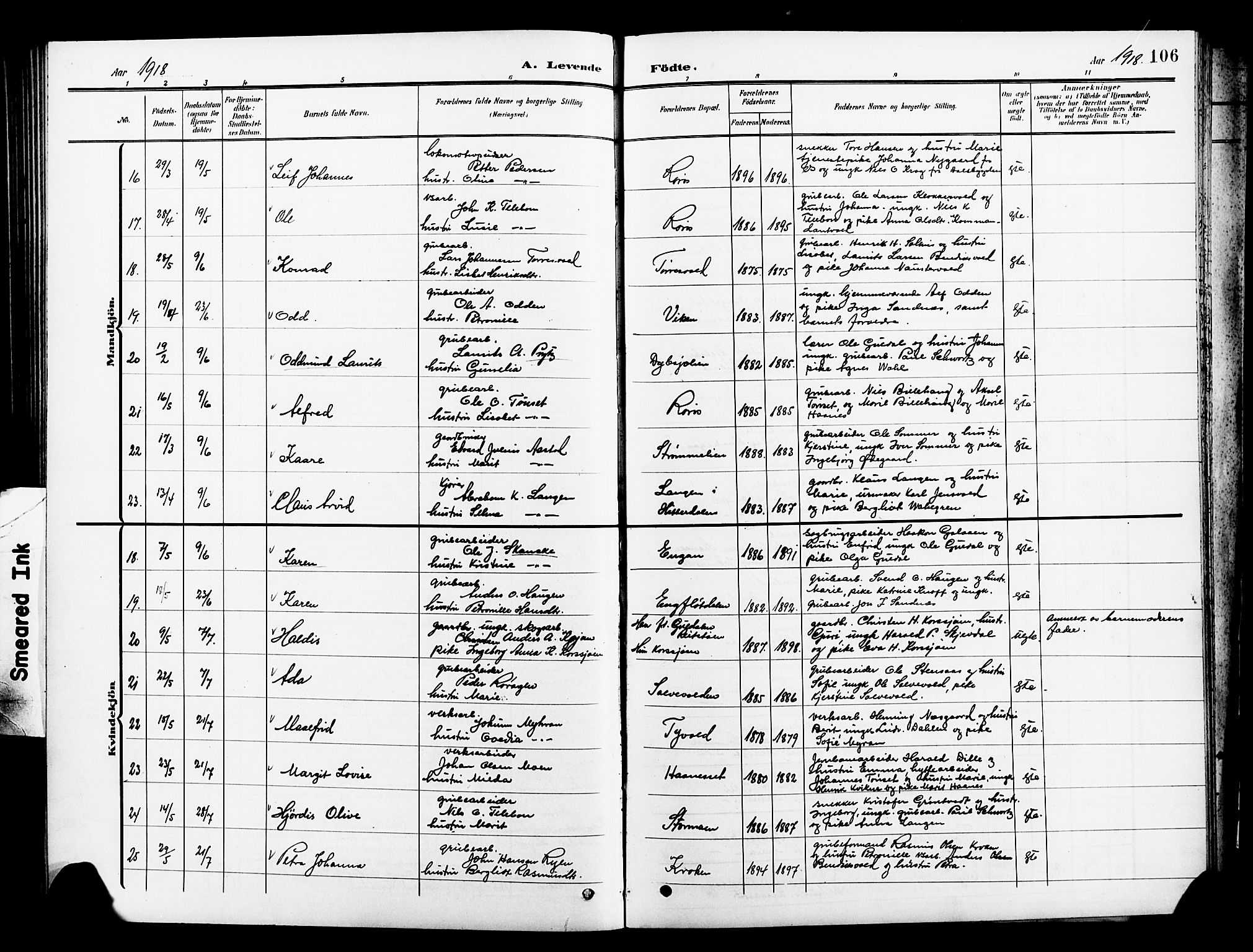 Ministerialprotokoller, klokkerbøker og fødselsregistre - Sør-Trøndelag, SAT/A-1456/681/L0942: Parish register (copy) no. 681C06, 1906-1925, p. 106