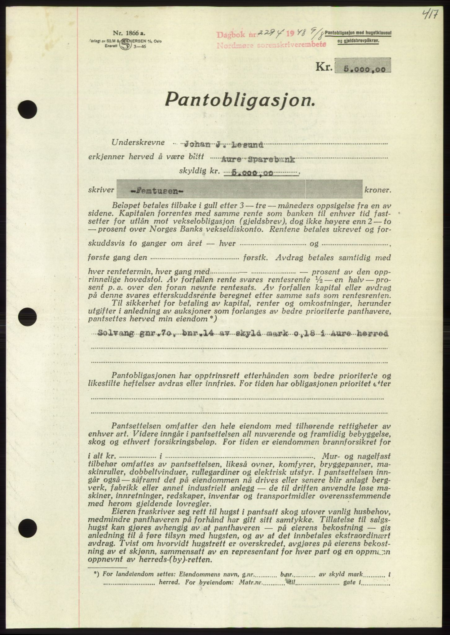 Nordmøre sorenskriveri, AV/SAT-A-4132/1/2/2Ca: Mortgage book no. B99, 1948-1948, Diary no: : 2294/1948