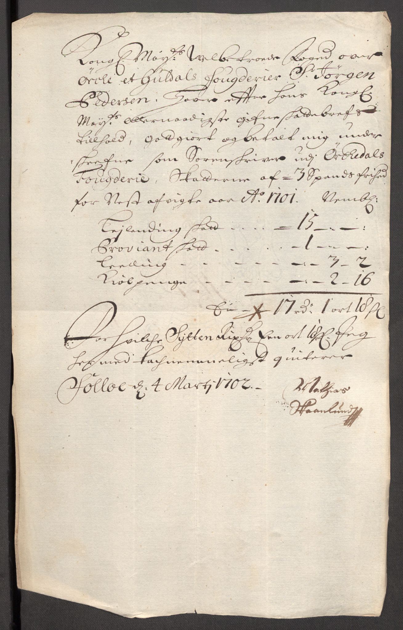 Rentekammeret inntil 1814, Reviderte regnskaper, Fogderegnskap, AV/RA-EA-4092/R60/L3951: Fogderegnskap Orkdal og Gauldal, 1701, p. 164