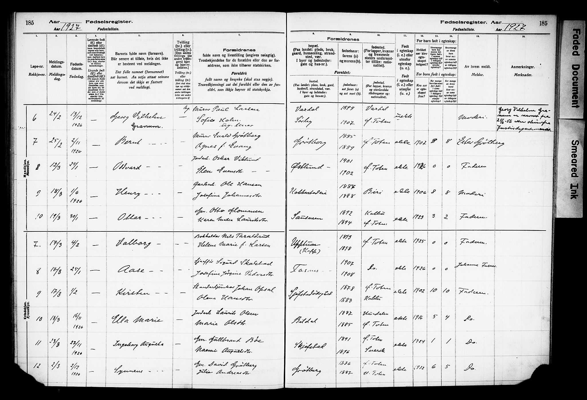 Østre Toten prestekontor, SAH/PREST-104/I/Id/L0001/0001: Birth register no. 1.1, 1916-1928, p. 185