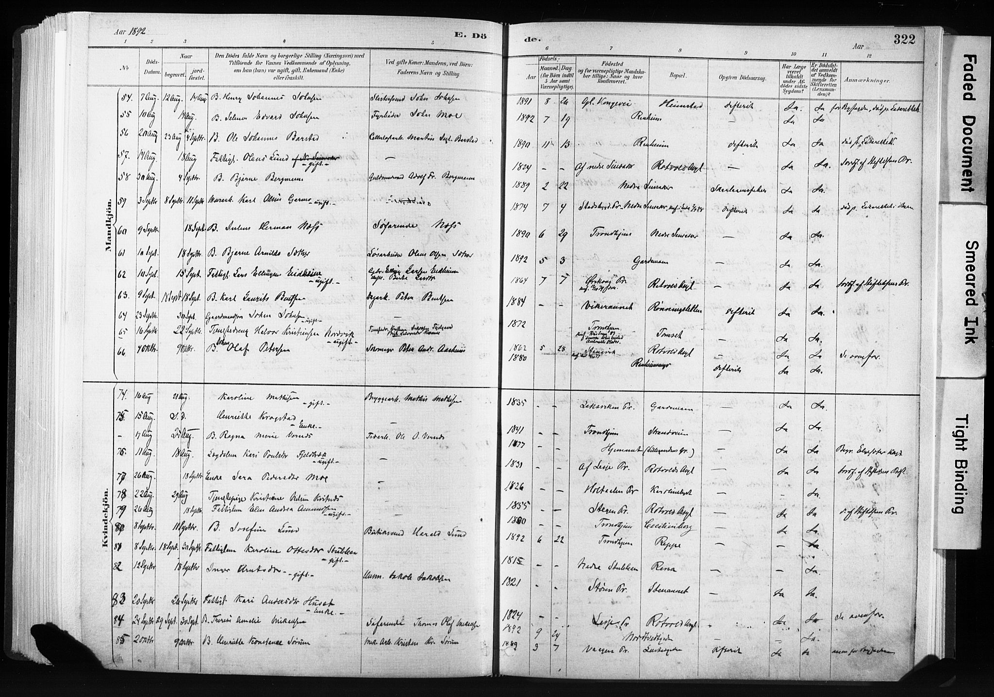 Ministerialprotokoller, klokkerbøker og fødselsregistre - Sør-Trøndelag, AV/SAT-A-1456/606/L0300: Parish register (official) no. 606A15, 1886-1893, p. 322