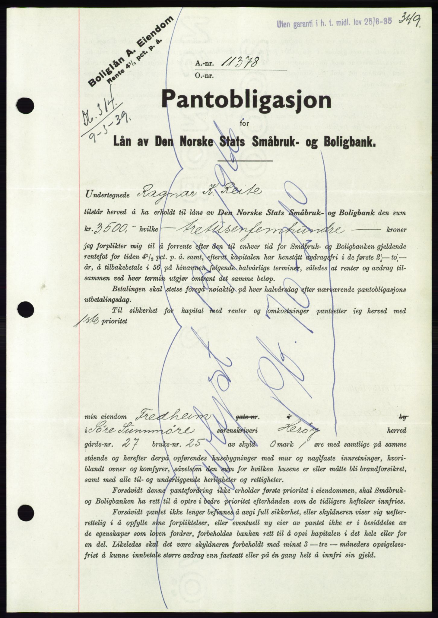 Søre Sunnmøre sorenskriveri, AV/SAT-A-4122/1/2/2C/L0067: Mortgage book no. 61, 1938-1939, Diary no: : 314/1939