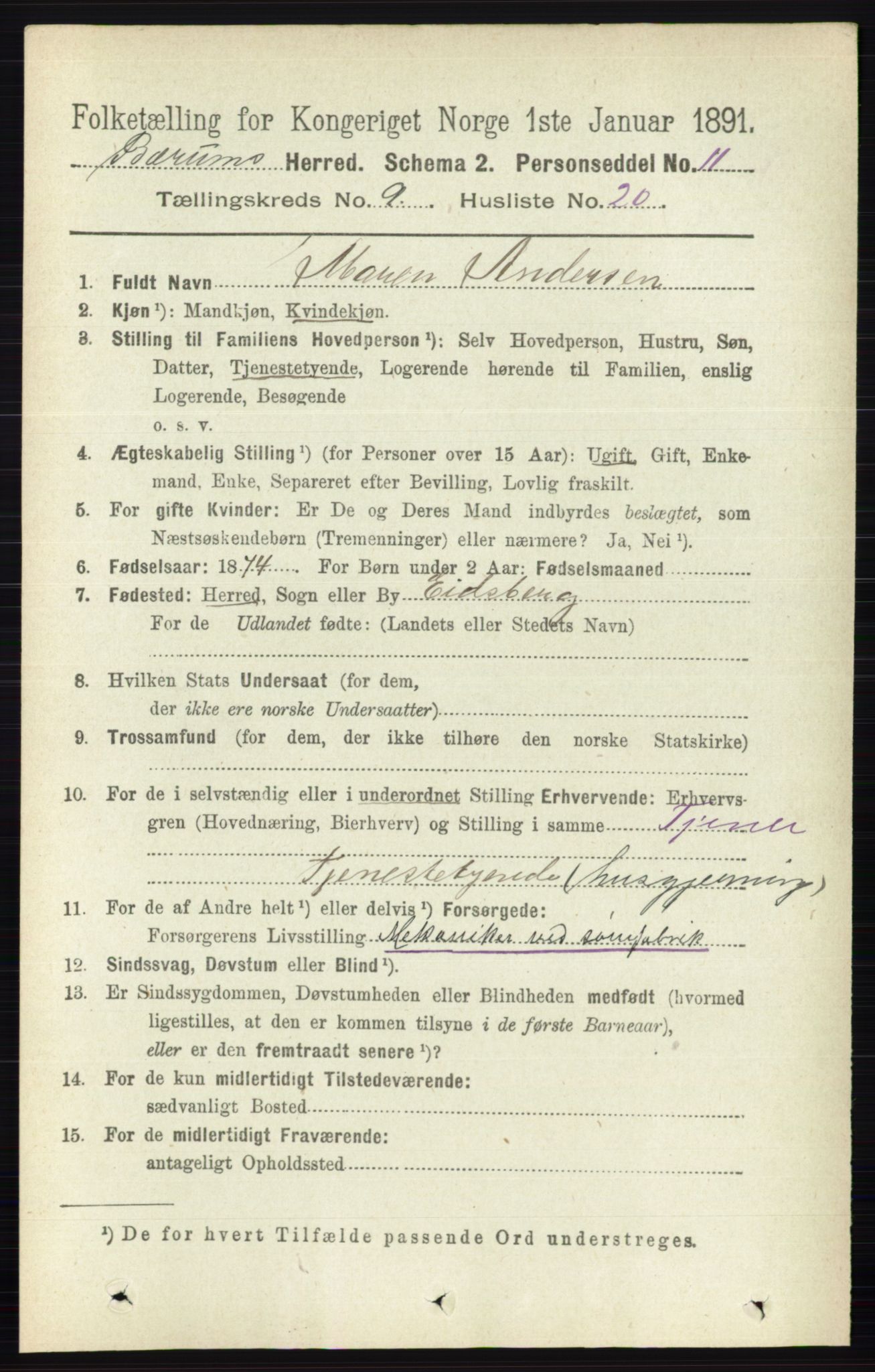 RA, 1891 census for 0219 Bærum, 1891, p. 5299