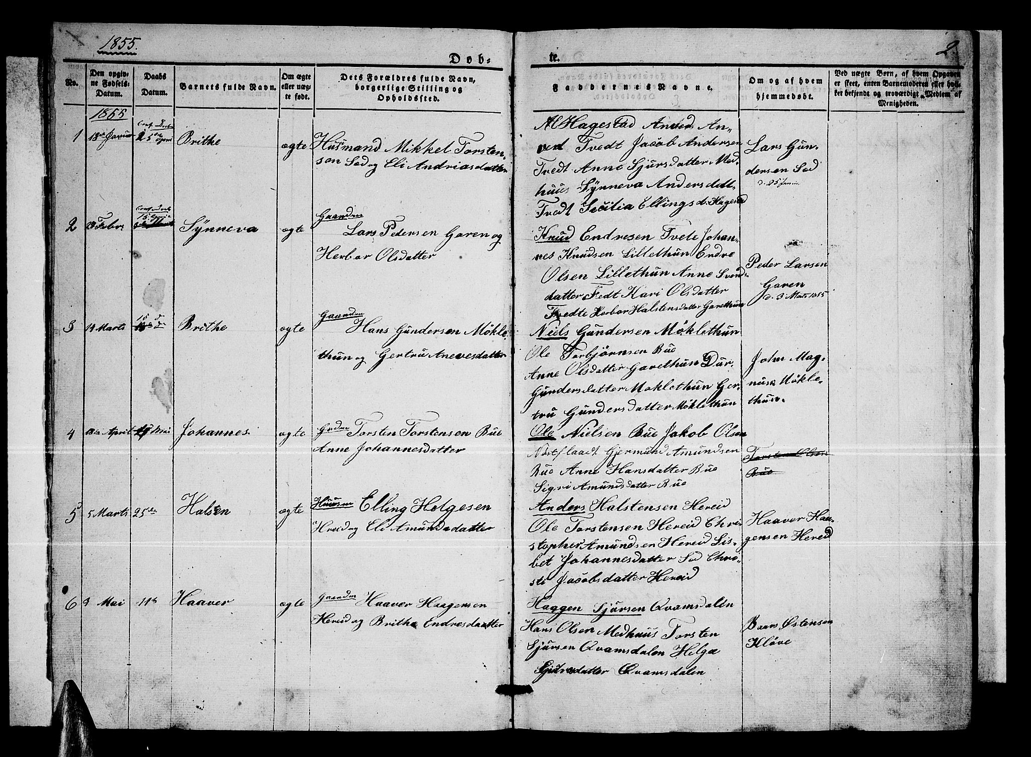 Ullensvang sokneprestembete, SAB/A-78701/H/Hab: Parish register (copy) no. C 1, 1855-1871, p. 2