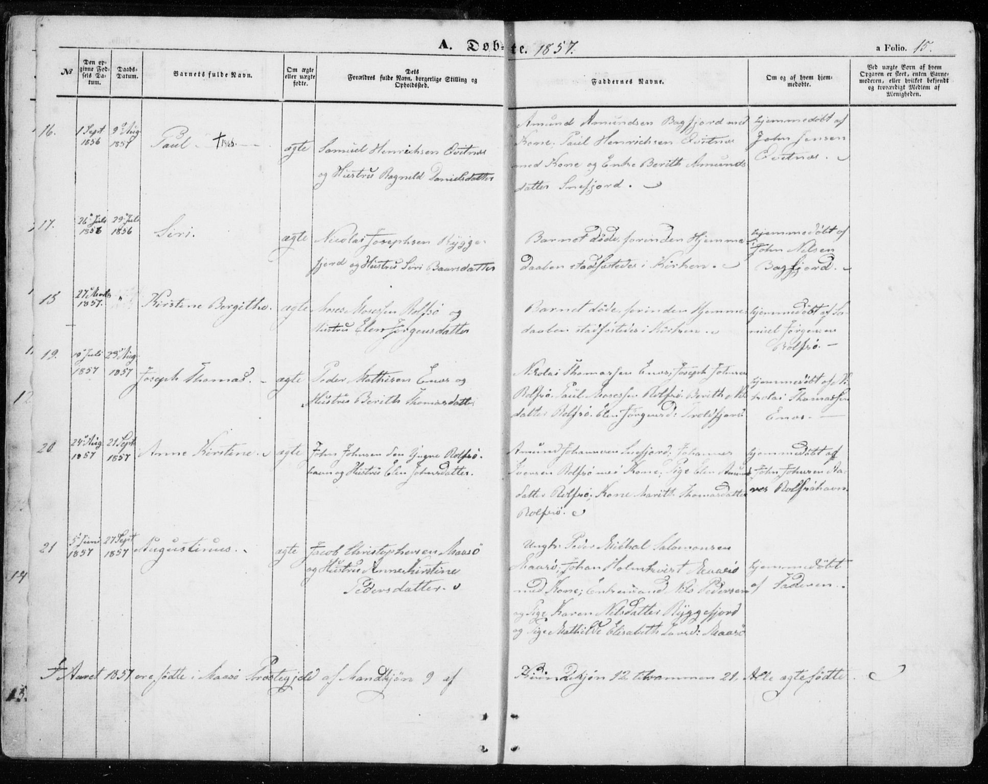 Måsøy sokneprestkontor, SATØ/S-1348/H/Ha/L0002kirke: Parish register (official) no. 2, 1852-1865, p. 15