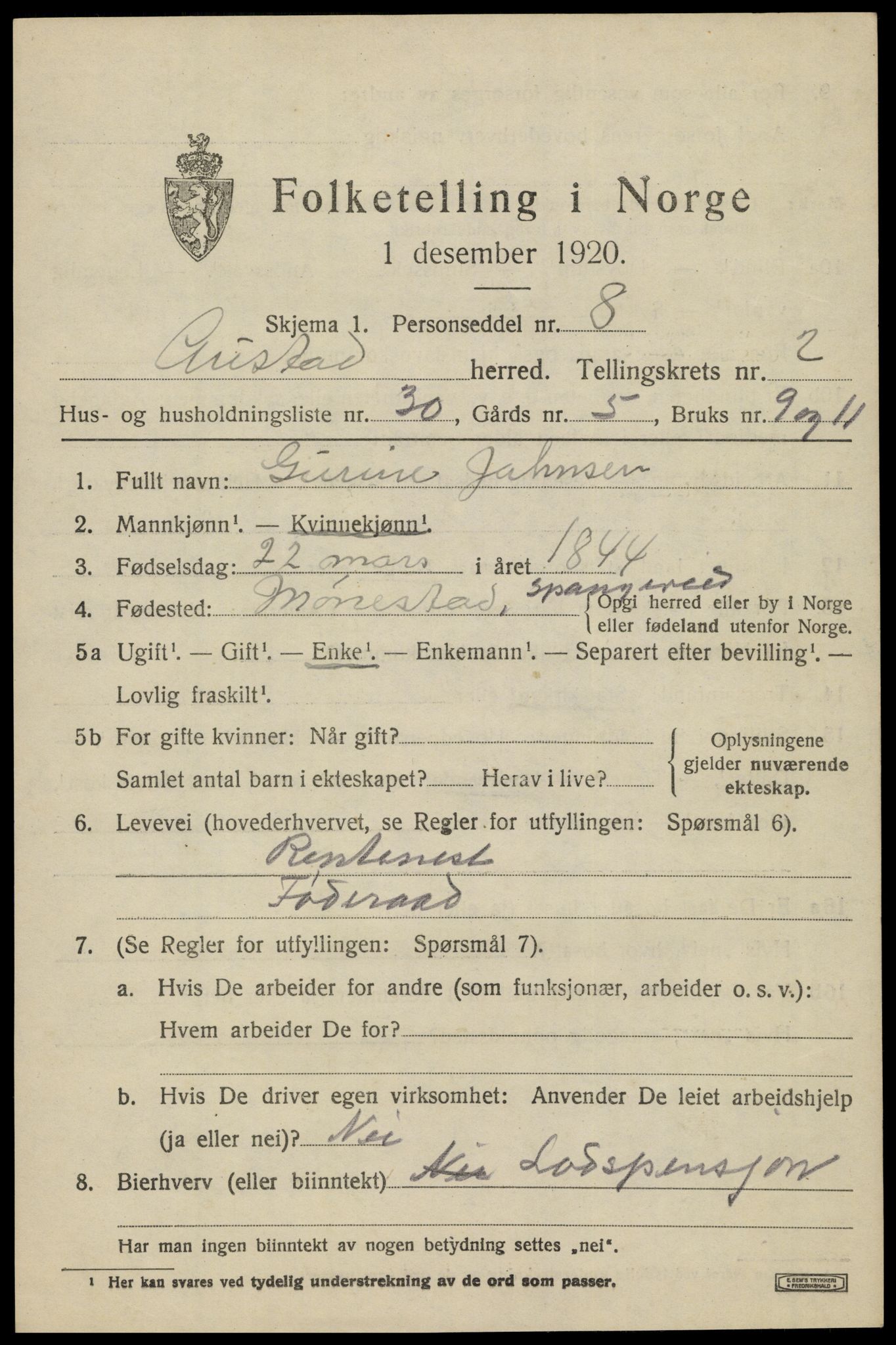 SAK, 1920 census for Austad, 1920, p. 1029