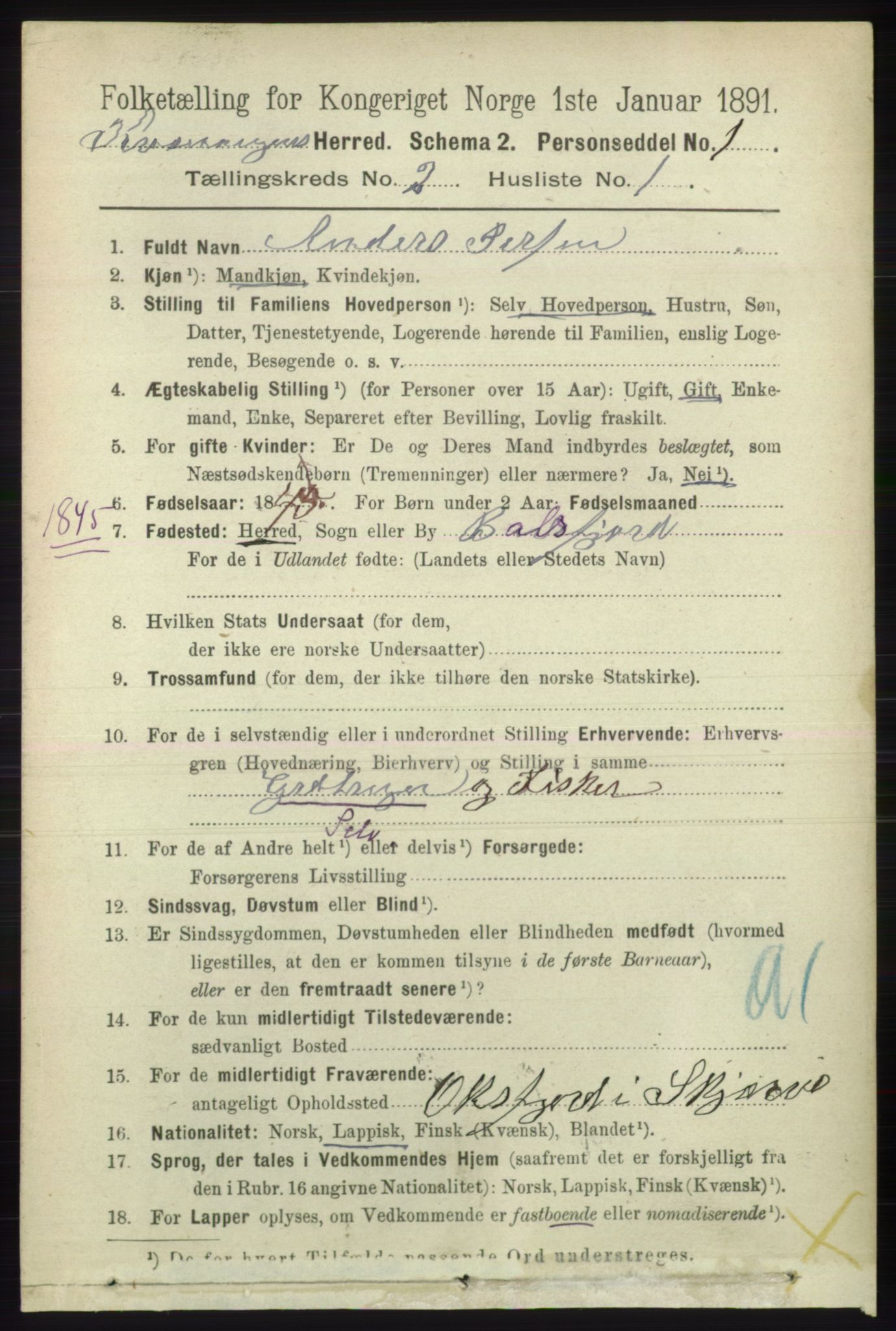 RA, 1891 census for 1943 Kvænangen, 1891, p. 412