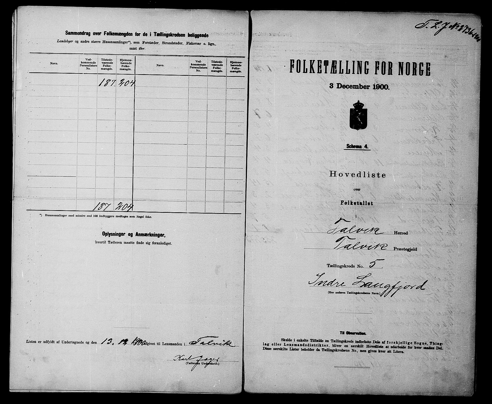 SATØ, 1900 census for Talvik, 1900, p. 12