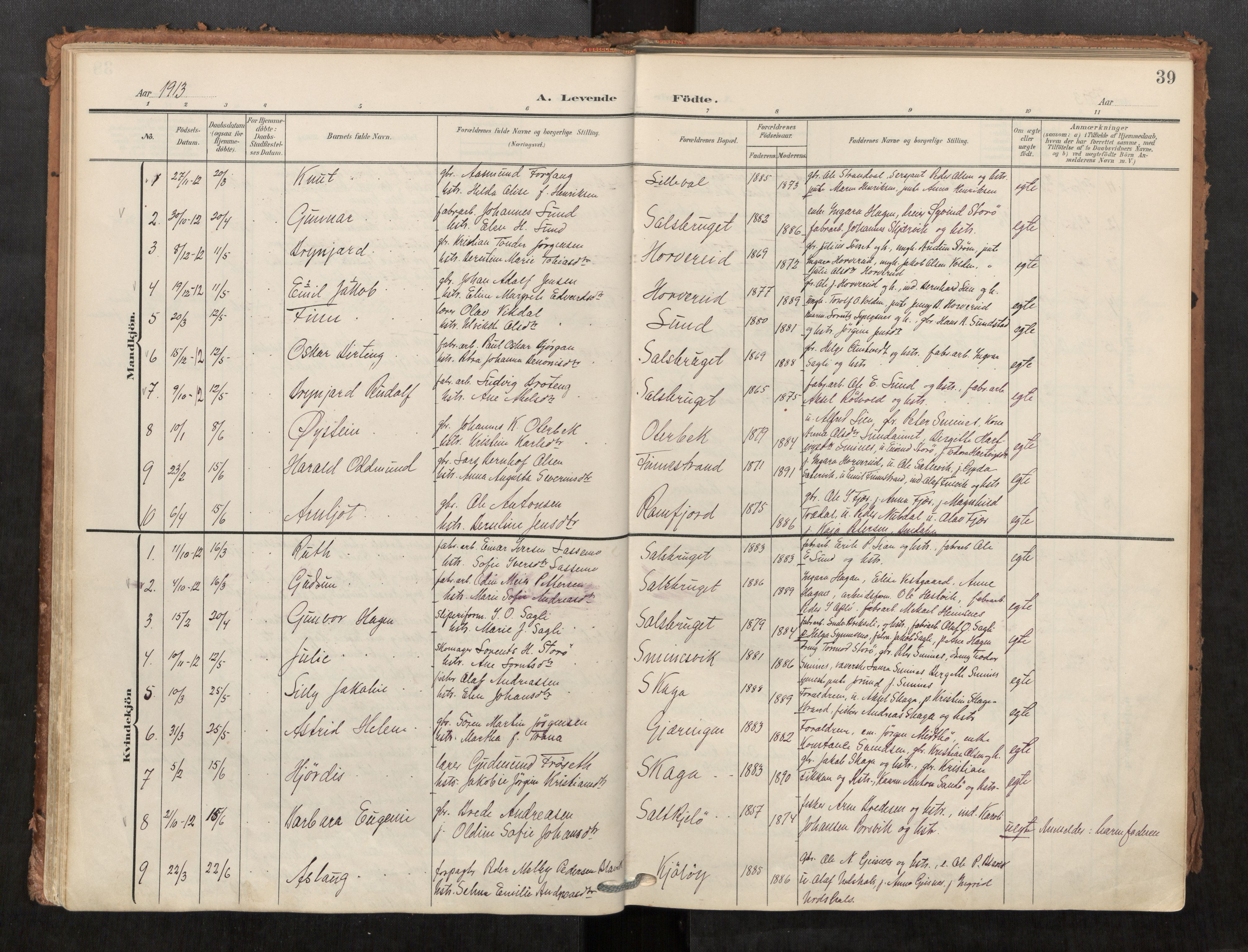 Kolvereid sokneprestkontor, SAT/A-1171/H/Ha/Haa/L0001: Parish register (official) no. 1, 1903-1922, p. 39