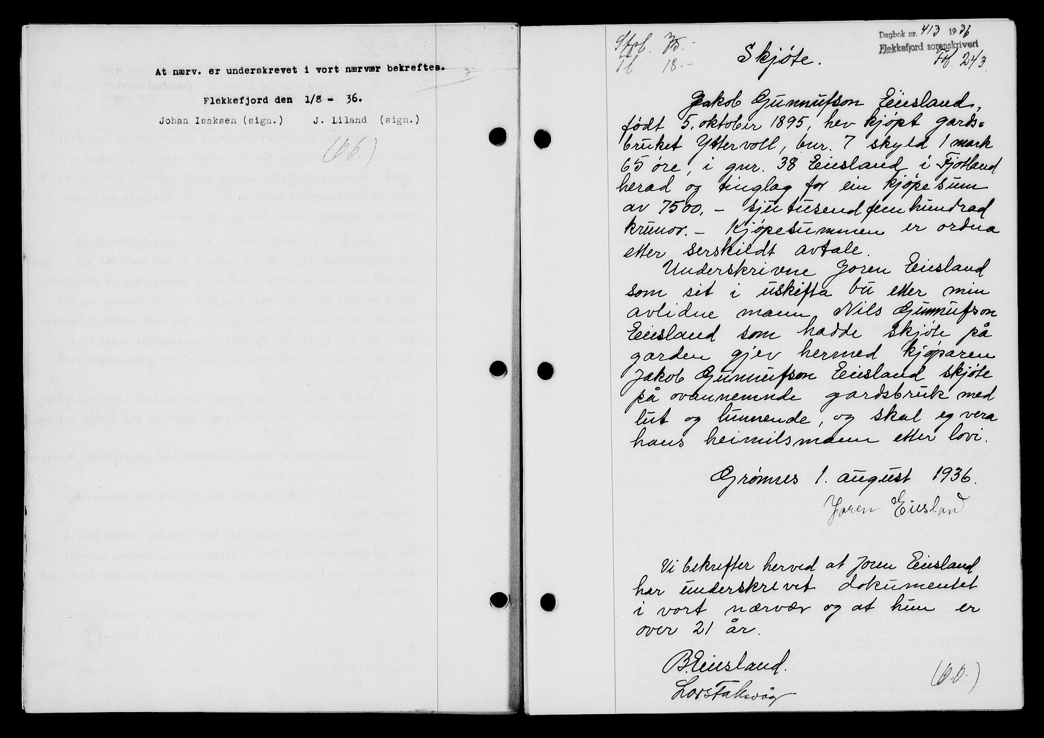 Flekkefjord sorenskriveri, SAK/1221-0001/G/Gb/Gba/L0053: Mortgage book no. A-1, 1936-1937, Diary no: : 413/1936