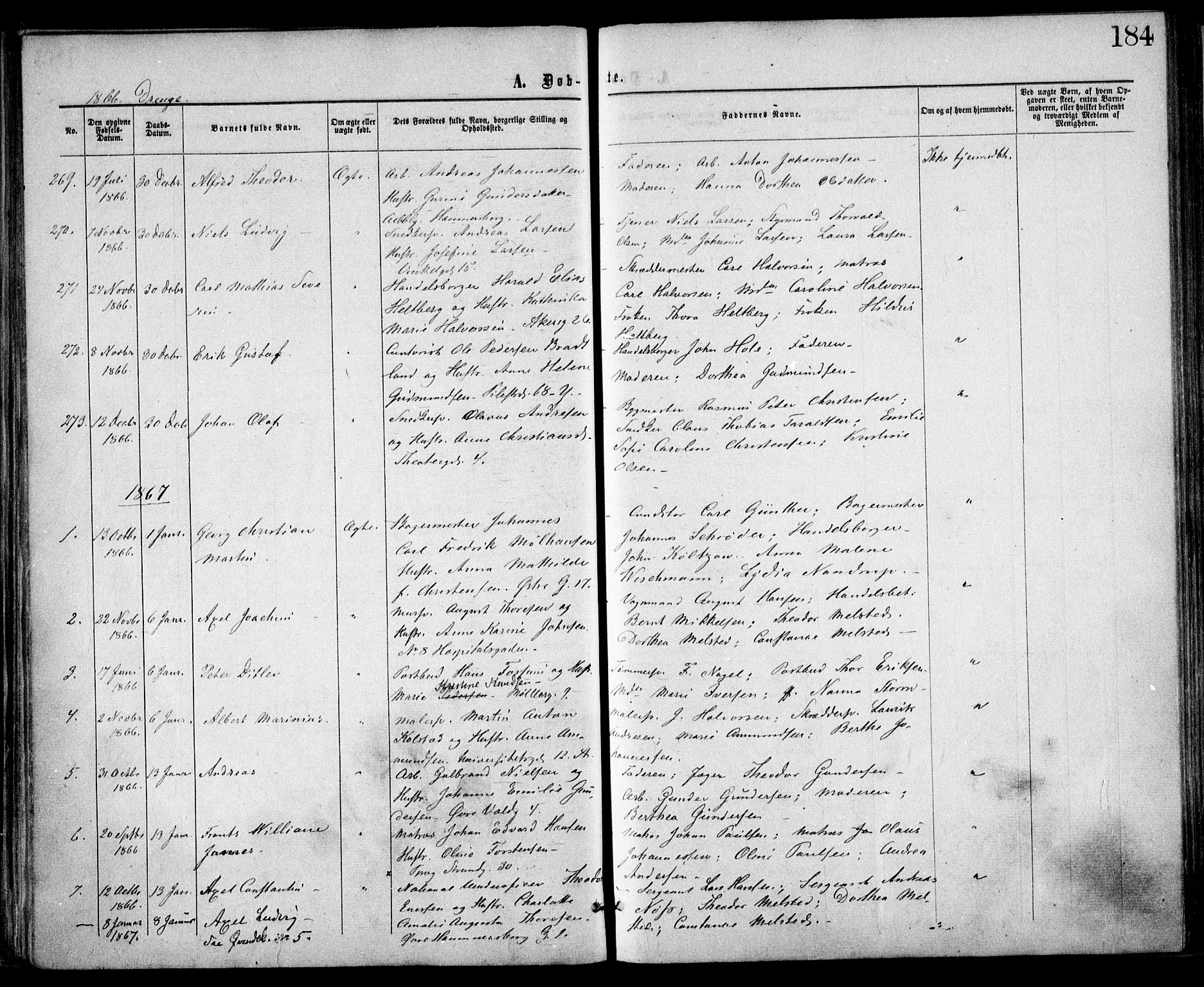 Trefoldighet prestekontor Kirkebøker, SAO/A-10882/F/Fa/L0002: Parish register (official) no. I 2, 1863-1870, p. 184