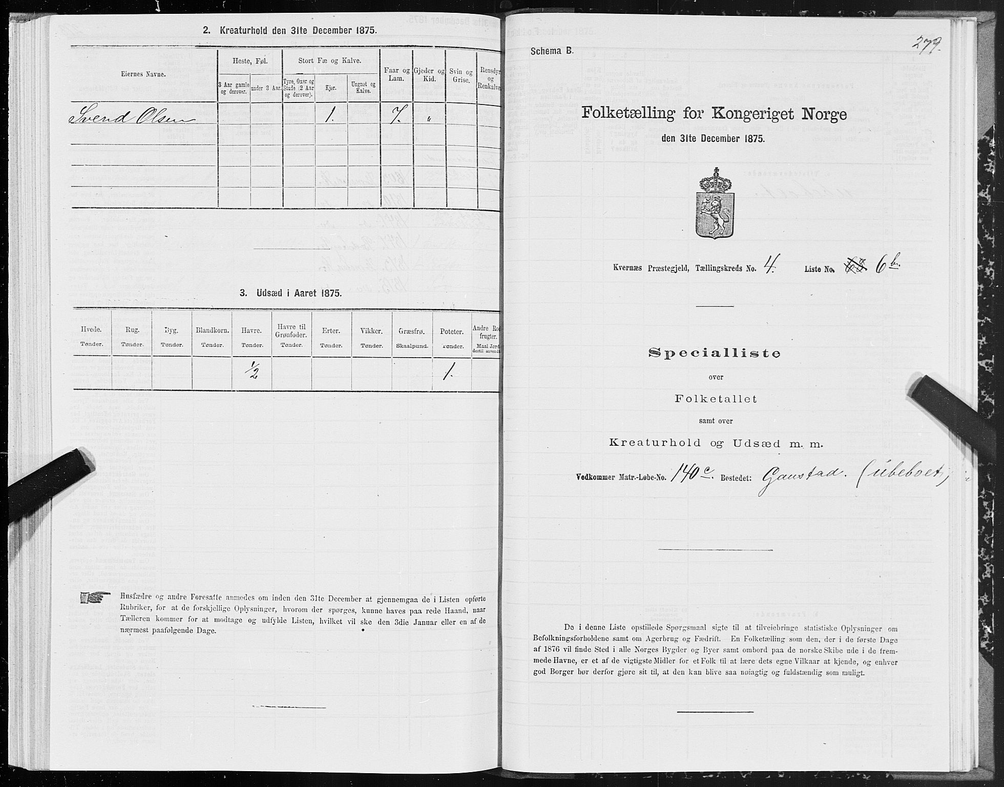 SAT, 1875 census for 1553P Kvernes, 1875, p. 2279