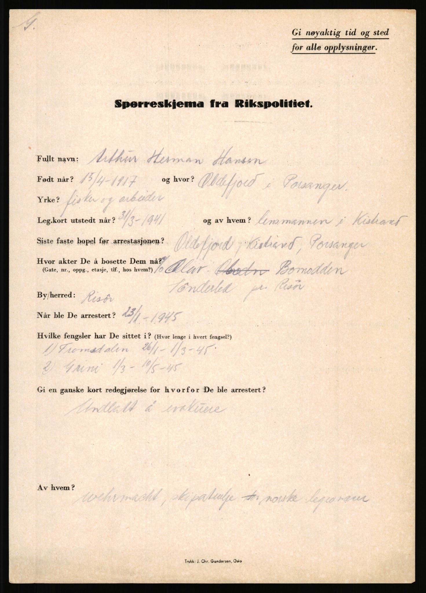 Rikspolitisjefen, AV/RA-S-1560/L/L0006: Hansen, Adolf Boye - Hemstad, Gunnar, 1940-1945, p. 47