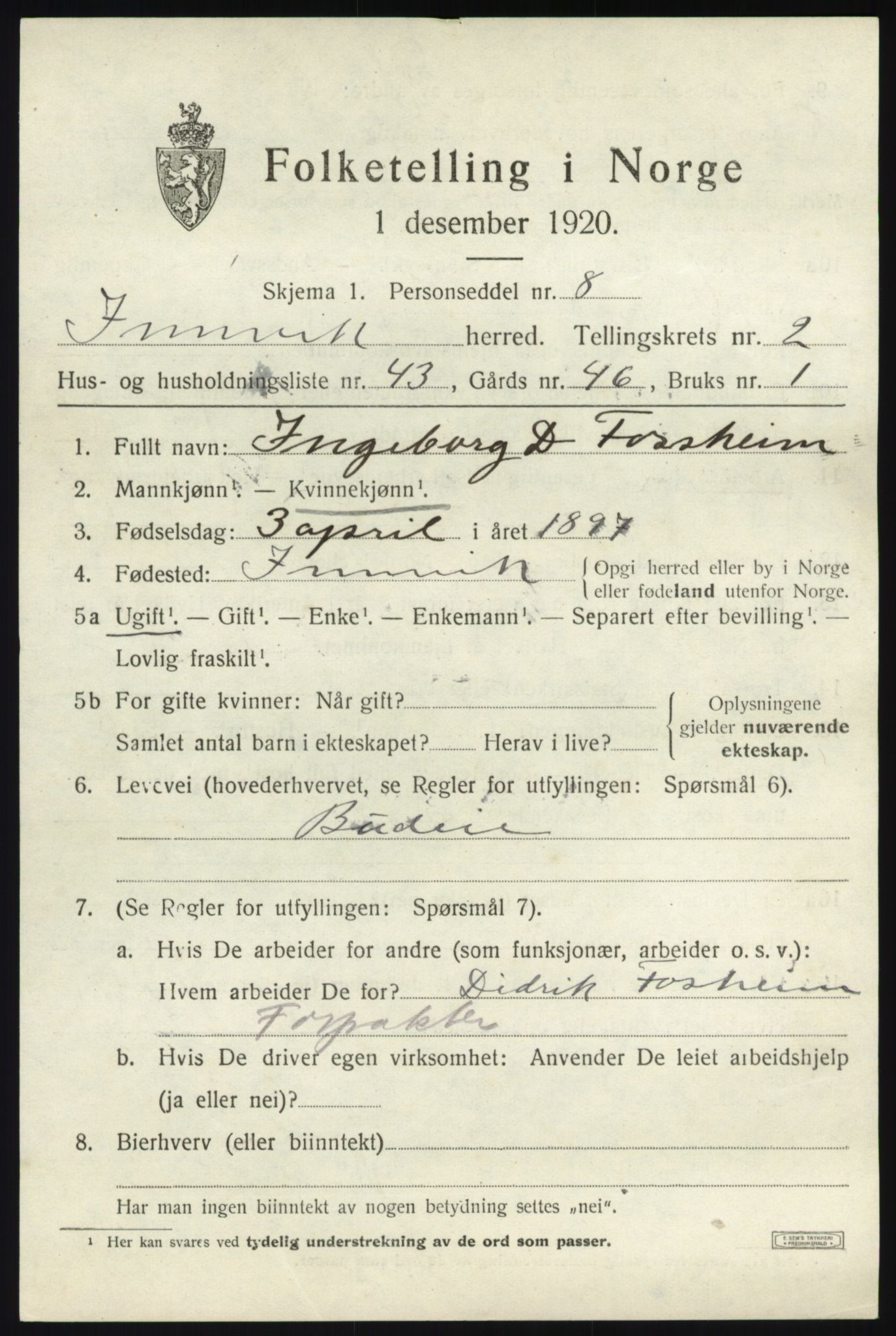 SAB, 1920 census for Innvik, 1920, p. 1755