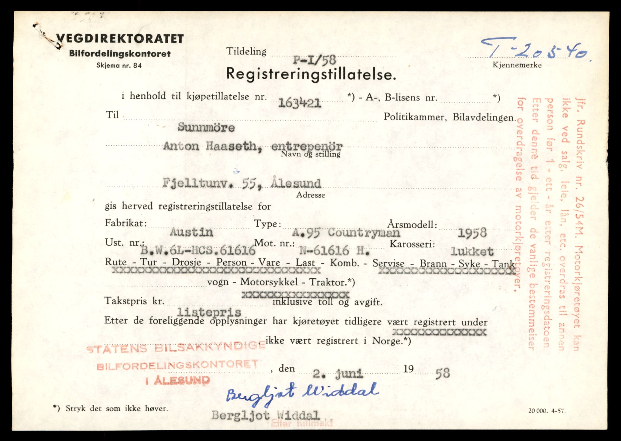 Møre og Romsdal vegkontor - Ålesund trafikkstasjon, AV/SAT-A-4099/F/Fe/L0053: Registreringskort for kjøretøy T 20540 - T 20714, 1927-1998, p. 17