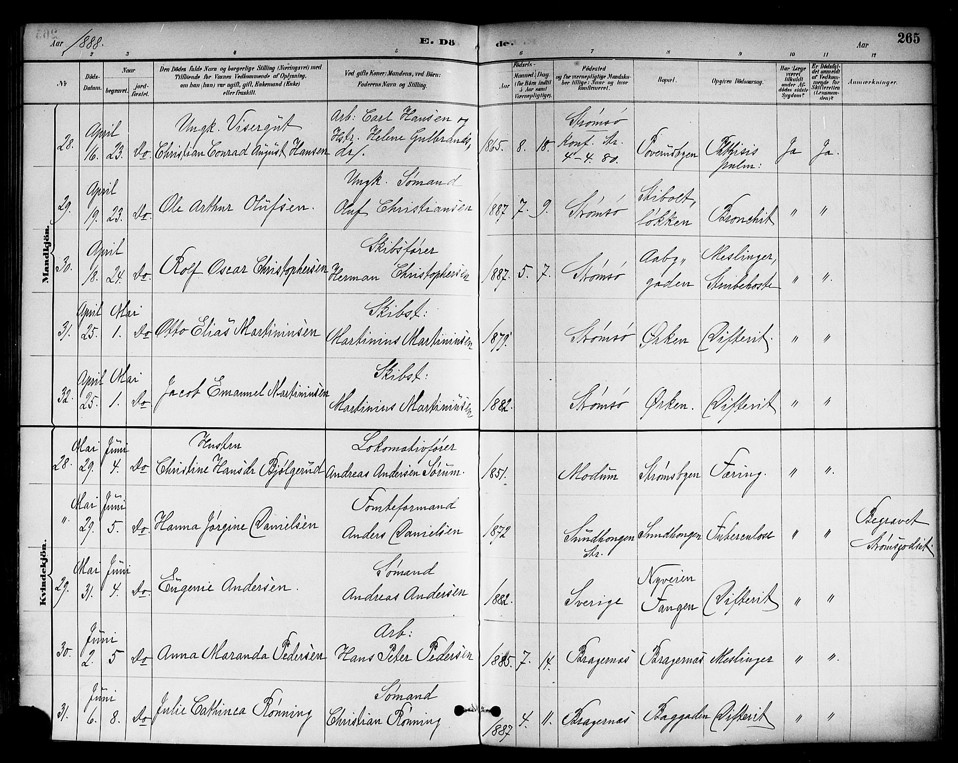 Strømsø kirkebøker, AV/SAKO-A-246/F/Fa/L0023: Parish register (official) no. I 23, 1885-1894, p. 265