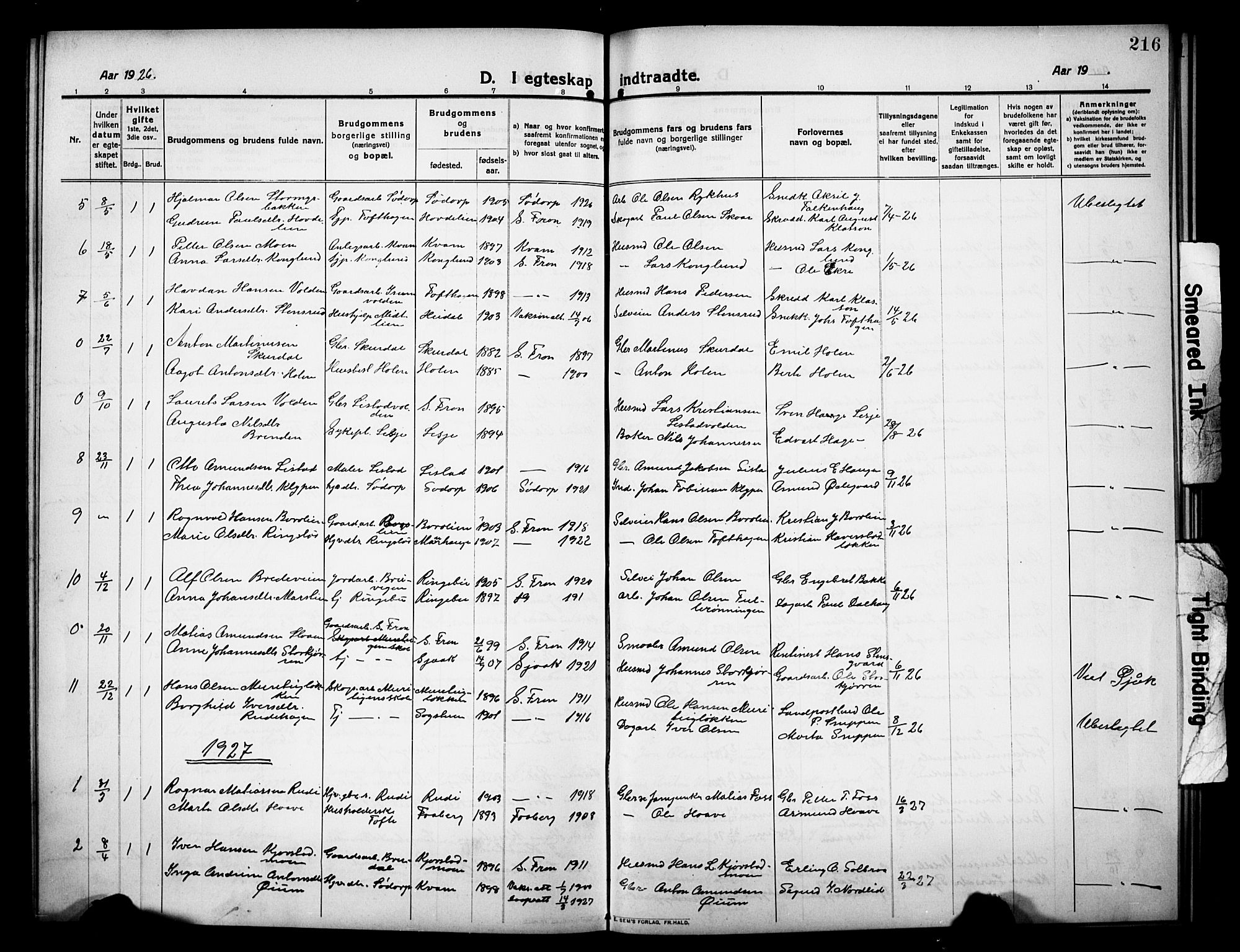 Sør-Fron prestekontor, AV/SAH-PREST-010/H/Ha/Hab/L0005: Parish register (copy) no. 5, 1912-1930, p. 216