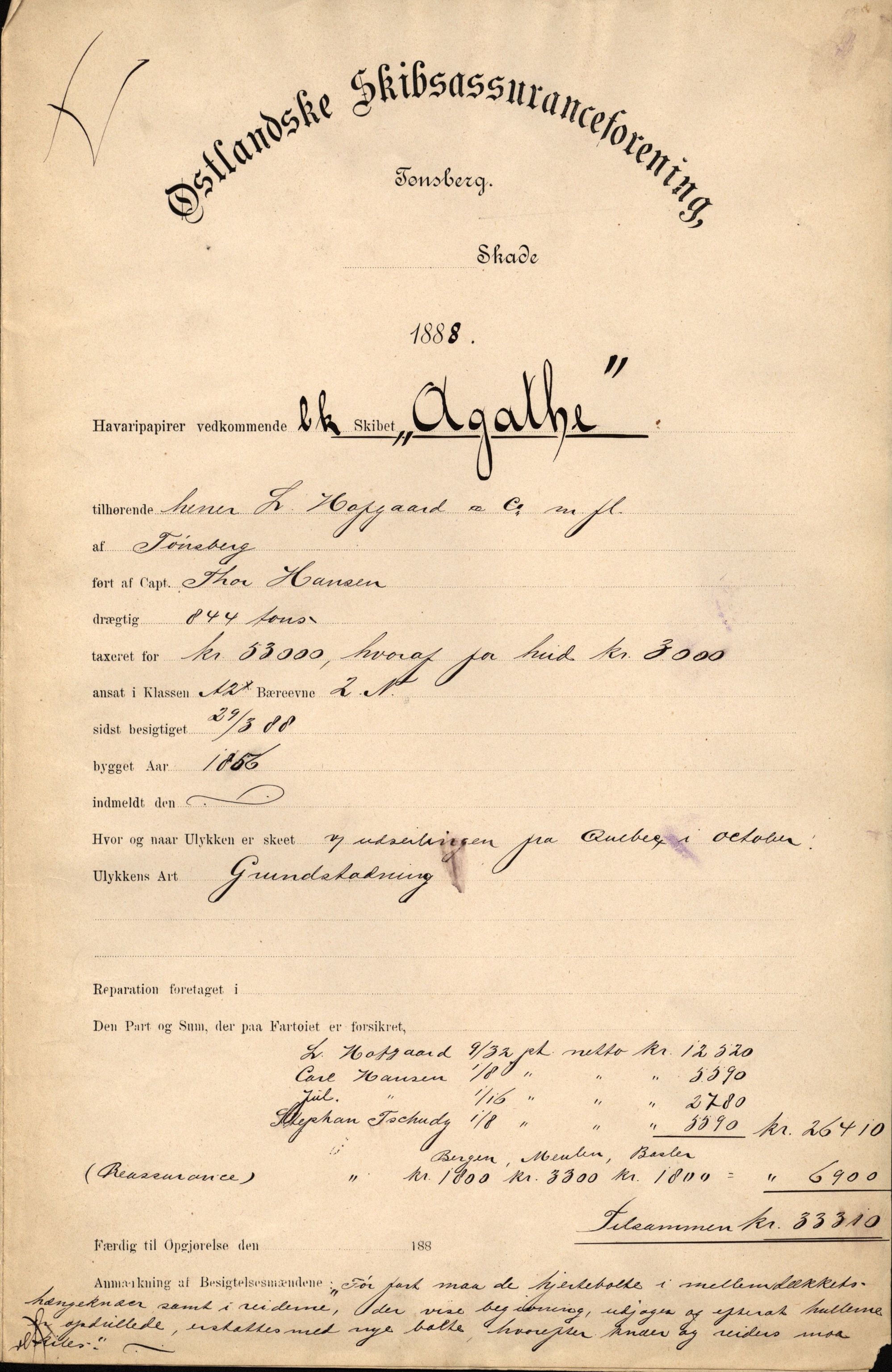 Pa 63 - Østlandske skibsassuranceforening, VEMU/A-1079/G/Ga/L0021/0012: Havaridokumenter / Agathe, Ala, Aalesund, Achiles, Præsident Harbitz, 1888, p. 1