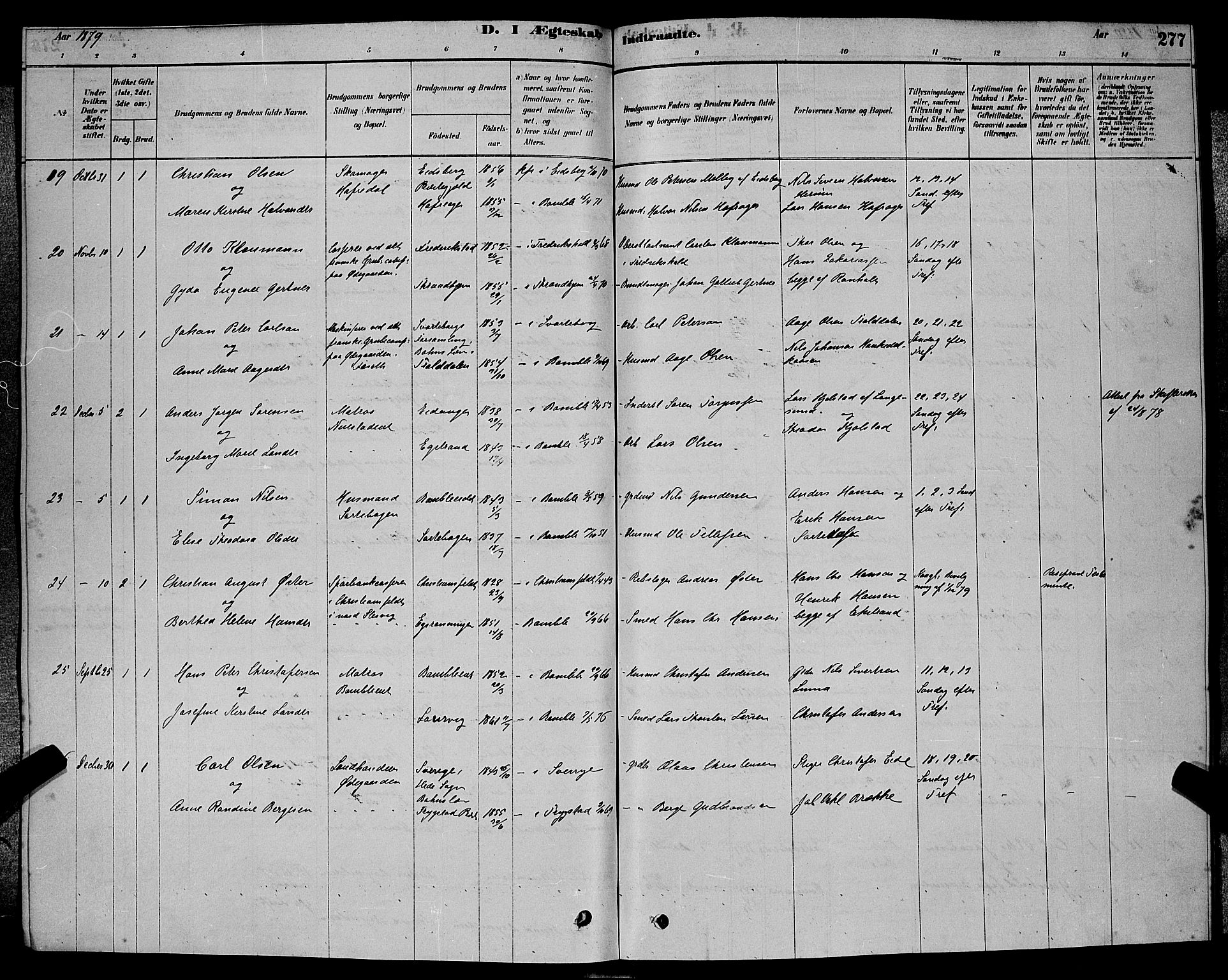 Bamble kirkebøker, AV/SAKO-A-253/G/Ga/L0008: Parish register (copy) no. I 8, 1878-1888, p. 277