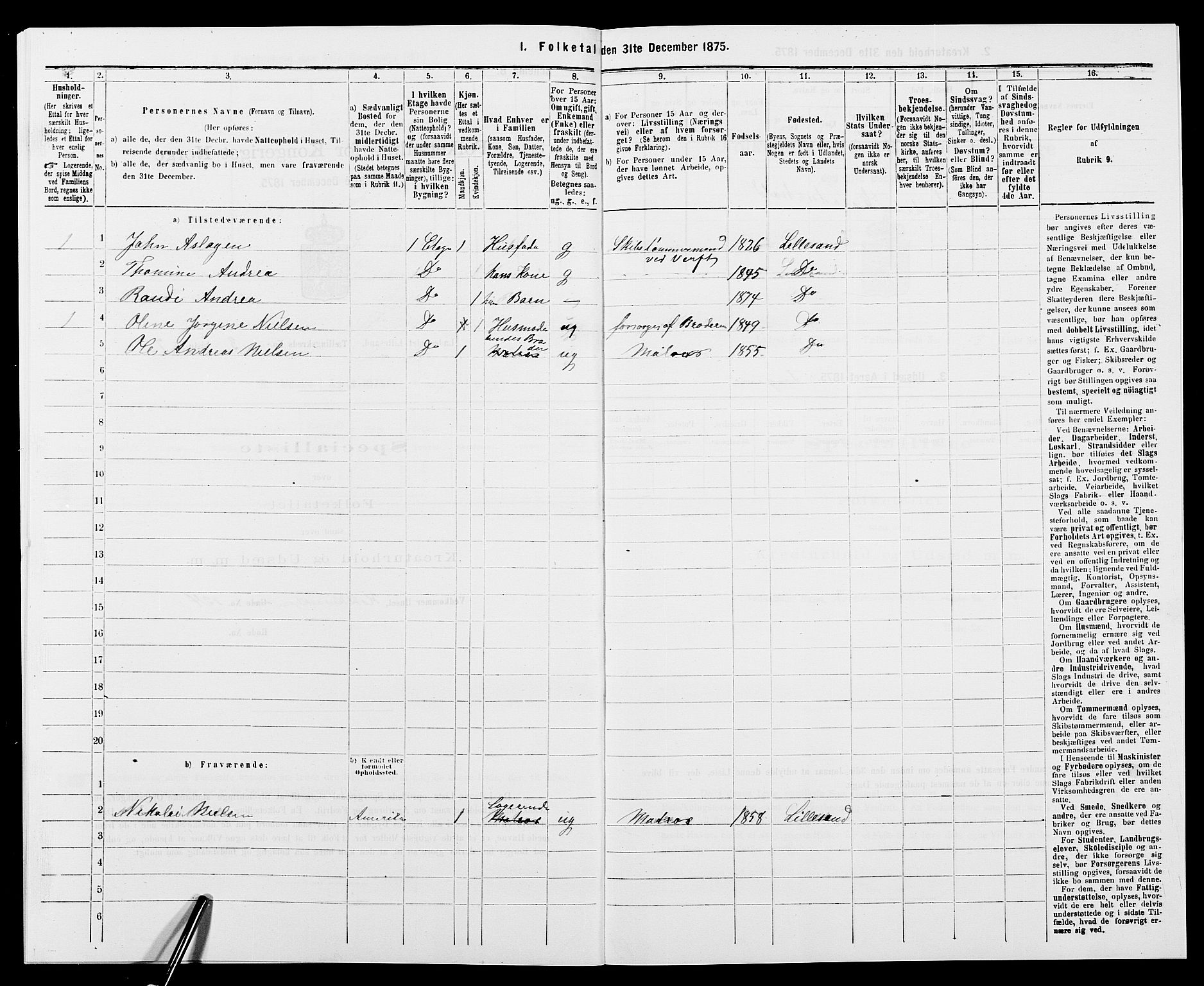 SAK, 1875 census for 0905B Vestre Moland/Lillesand, 1875, p. 217
